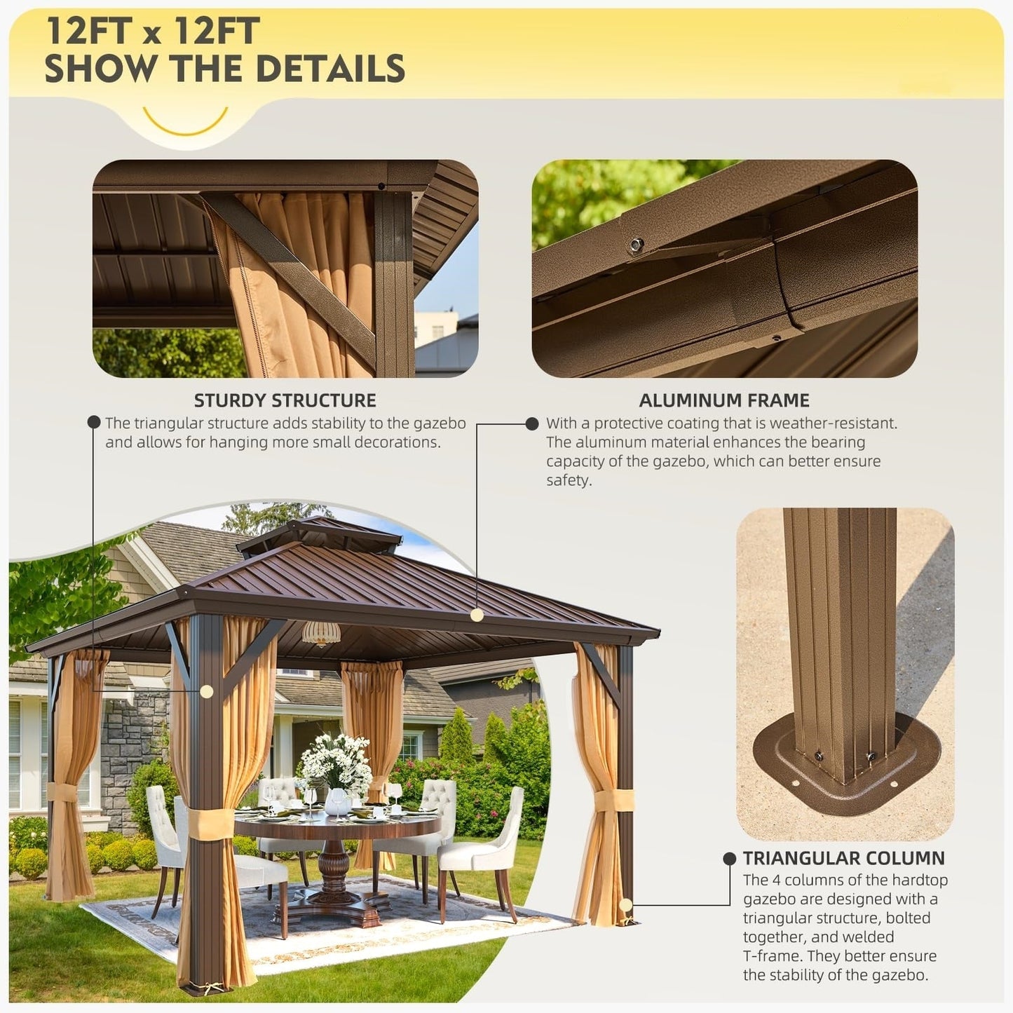 Gazebo extérieur à toit rigide avec double toit en acier galvanisé et cadre en aluminium, pergola extérieure avec rideaux et moustiquaires haut de gamme.