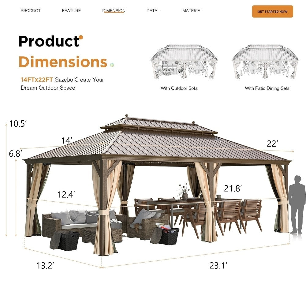 Gazebo extérieur à toit rigide avec double toit en acier galvanisé et cadre en aluminium, pergola extérieure avec rideaux et moustiquaires haut de gamme.