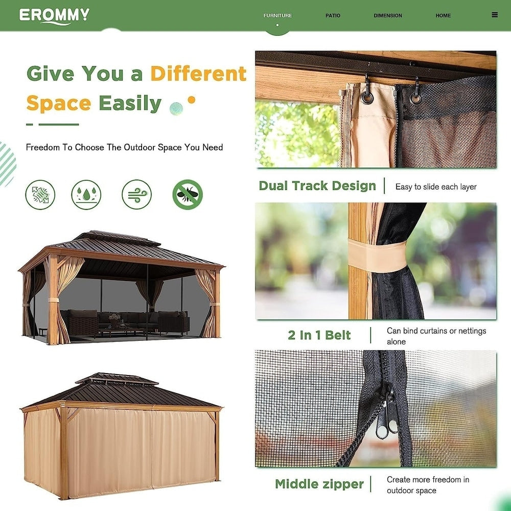 Gazebo extérieur à toit rigide avec double toit en acier galvanisé et cadre en aluminium, pergola extérieure avec rideaux et moustiquaires haut de gamme.