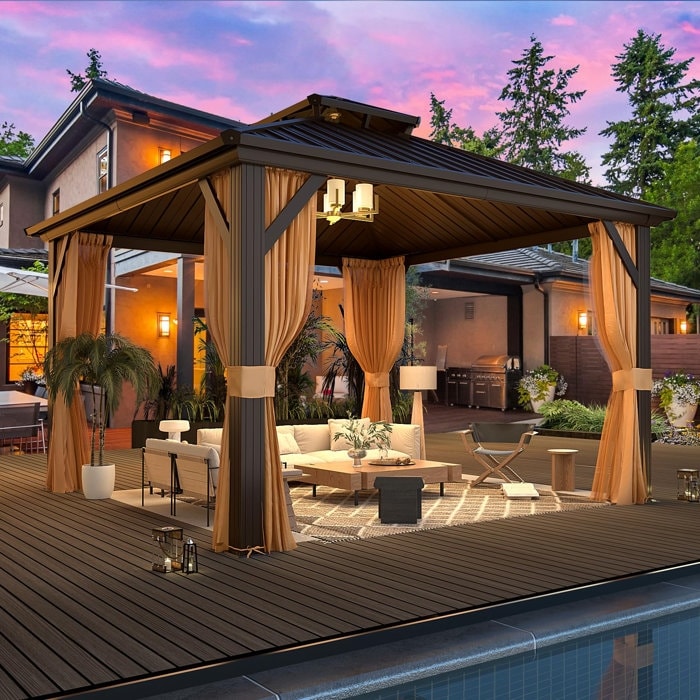 Gazebo extérieur à toit rigide avec double toit en acier galvanisé et cadre en aluminium, pergola extérieure avec rideaux et moustiquaires haut de gamme.