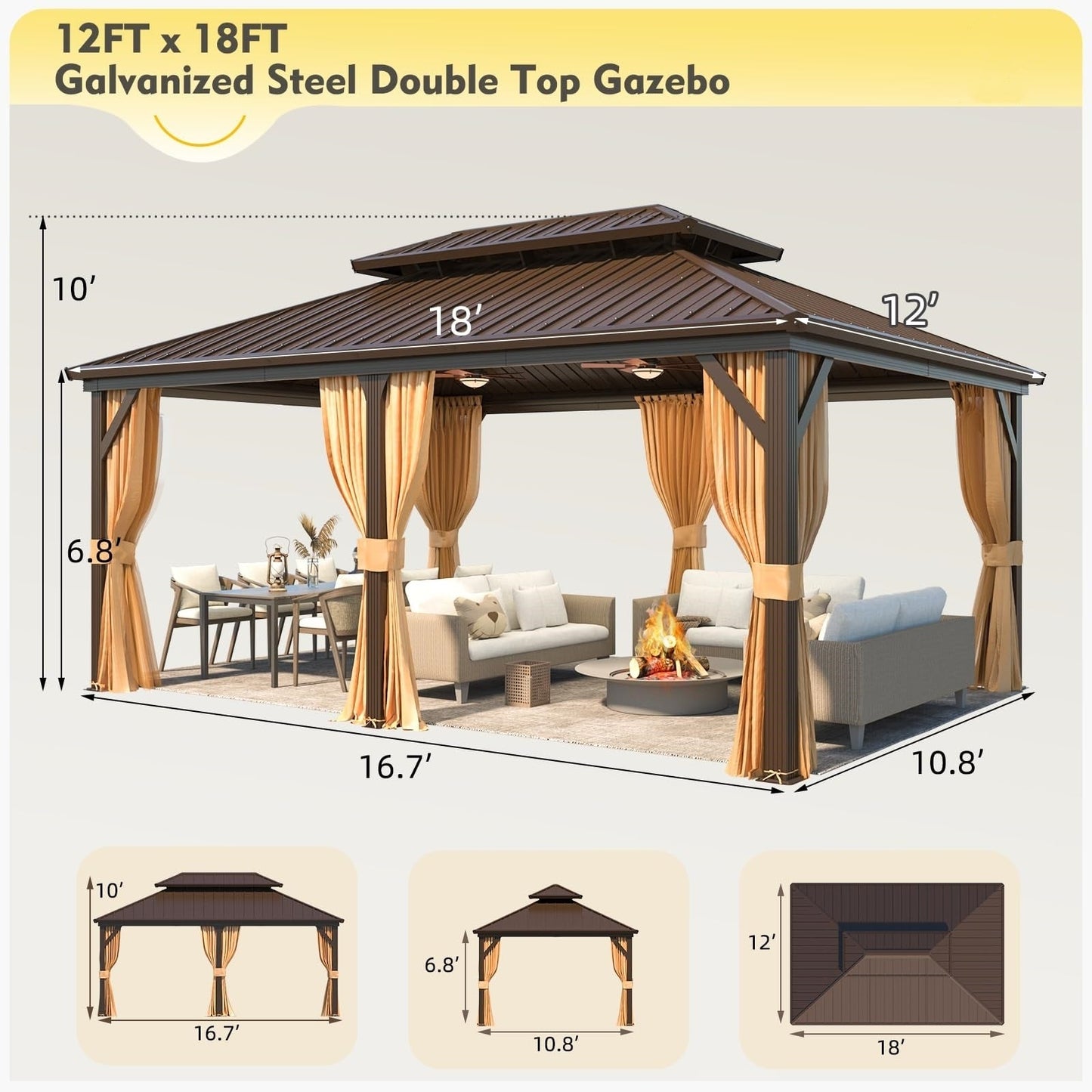 Gazebo extérieur à toit rigide avec double toit en acier galvanisé et cadre en aluminium, pergola extérieure avec rideaux et moustiquaires haut de gamme.