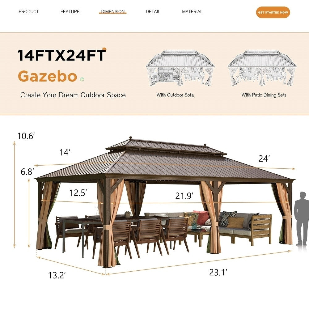 Gazebo extérieur à toit rigide avec double toit en acier galvanisé et cadre en aluminium, pergola extérieure avec rideaux et moustiquaires haut de gamme.