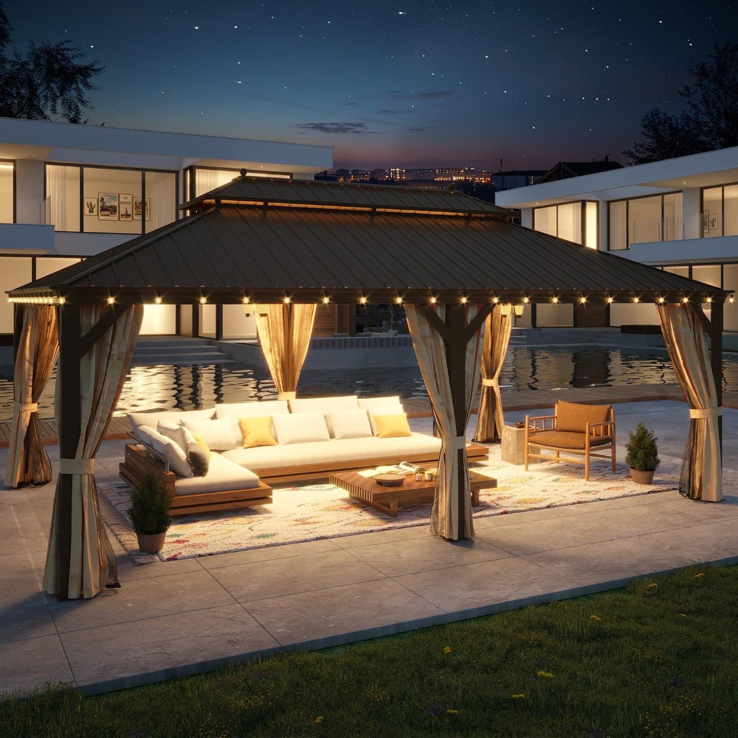 Gazebo extérieur à toit rigide avec double toit en acier galvanisé et cadre en aluminium, pergola extérieure avec rideaux et moustiquaires haut de gamme.