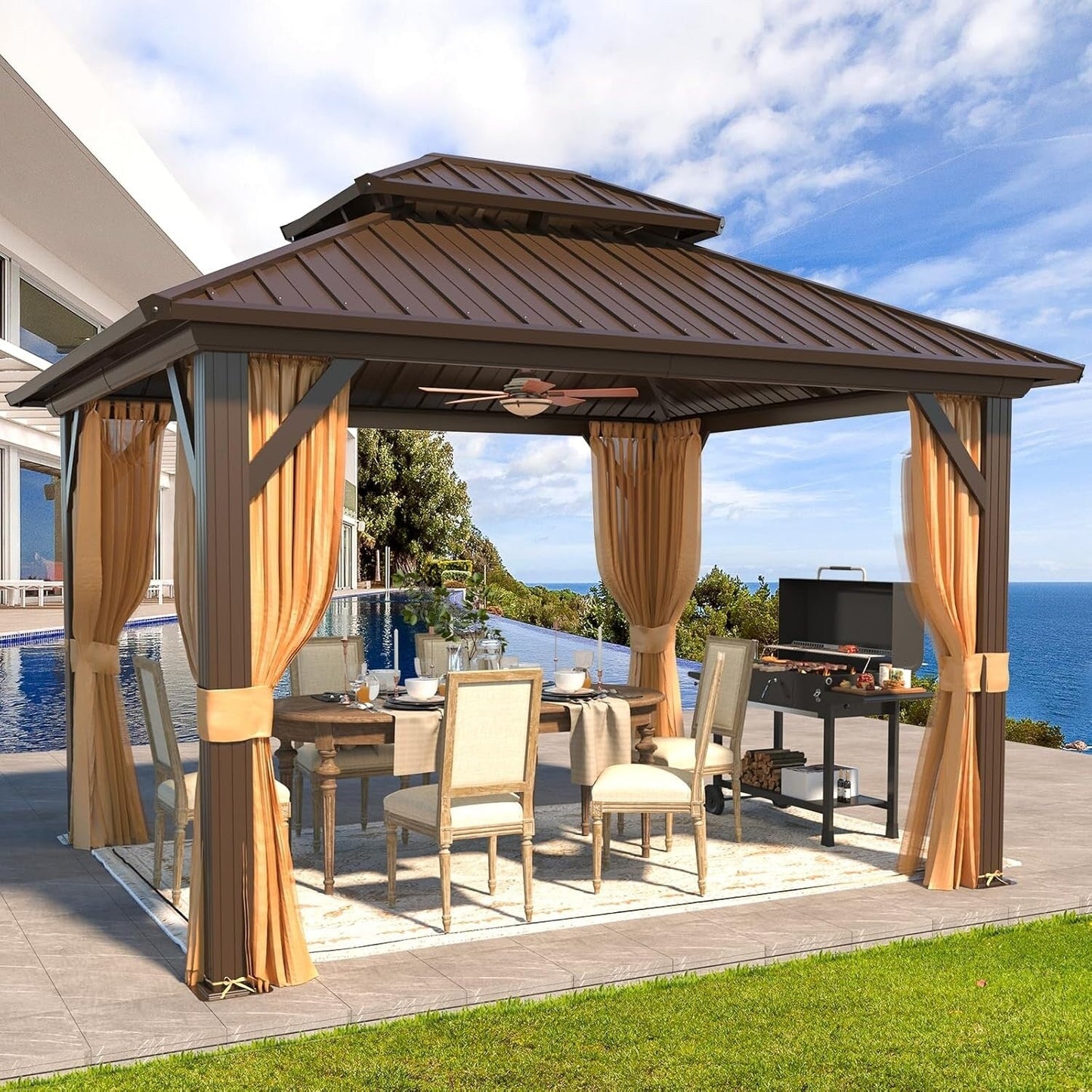 Gazebo extérieur à toit rigide avec double toit en acier galvanisé et cadre en aluminium, pergola extérieure avec rideaux et moustiquaires haut de gamme.
