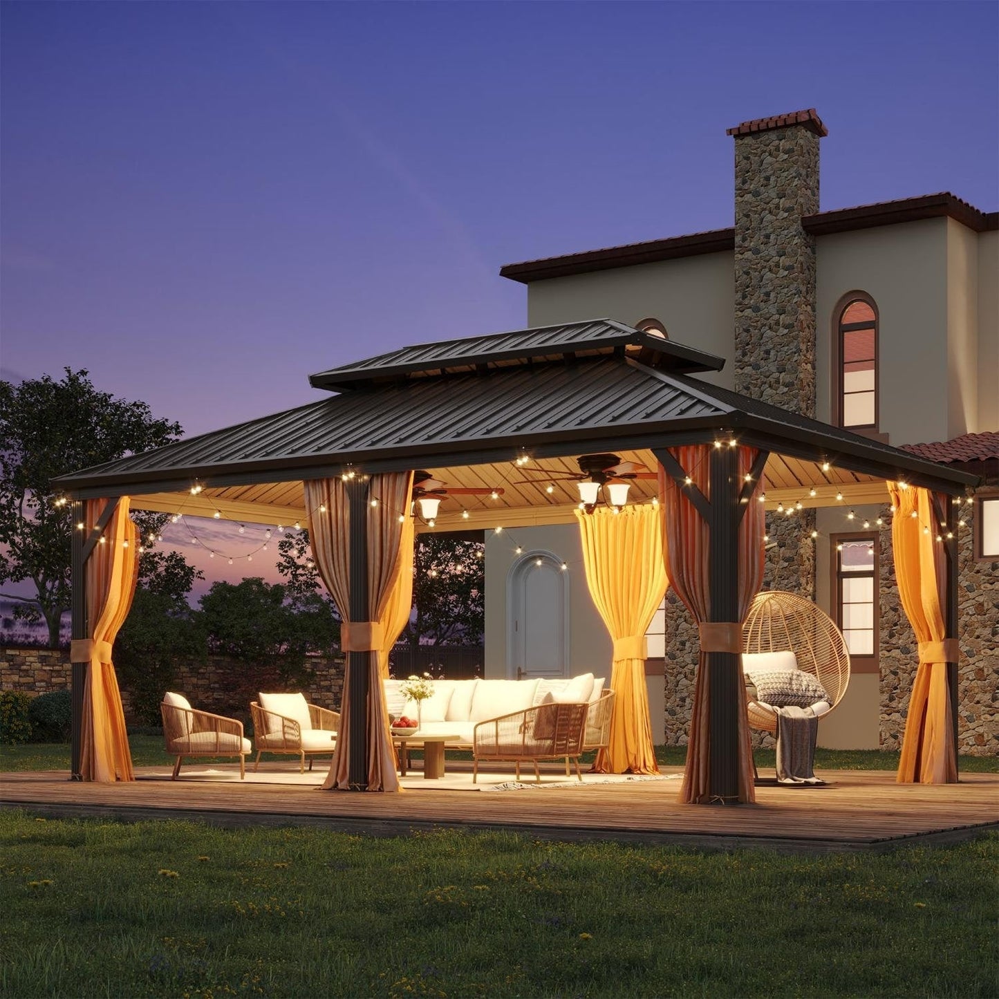 Gazebo extérieur à toit rigide avec double toit en acier galvanisé et cadre en aluminium, pergola extérieure avec rideaux et moustiquaires haut de gamme.