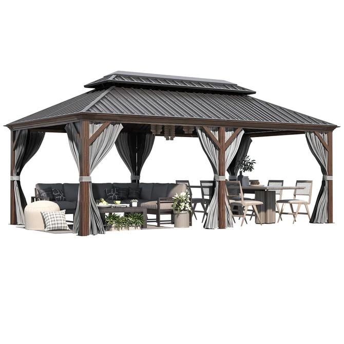 Gazebo extérieur à toit rigide avec double toit en acier galvanisé et cadre en aluminium, pergola extérieure avec rideaux et moustiquaires haut de gamme.