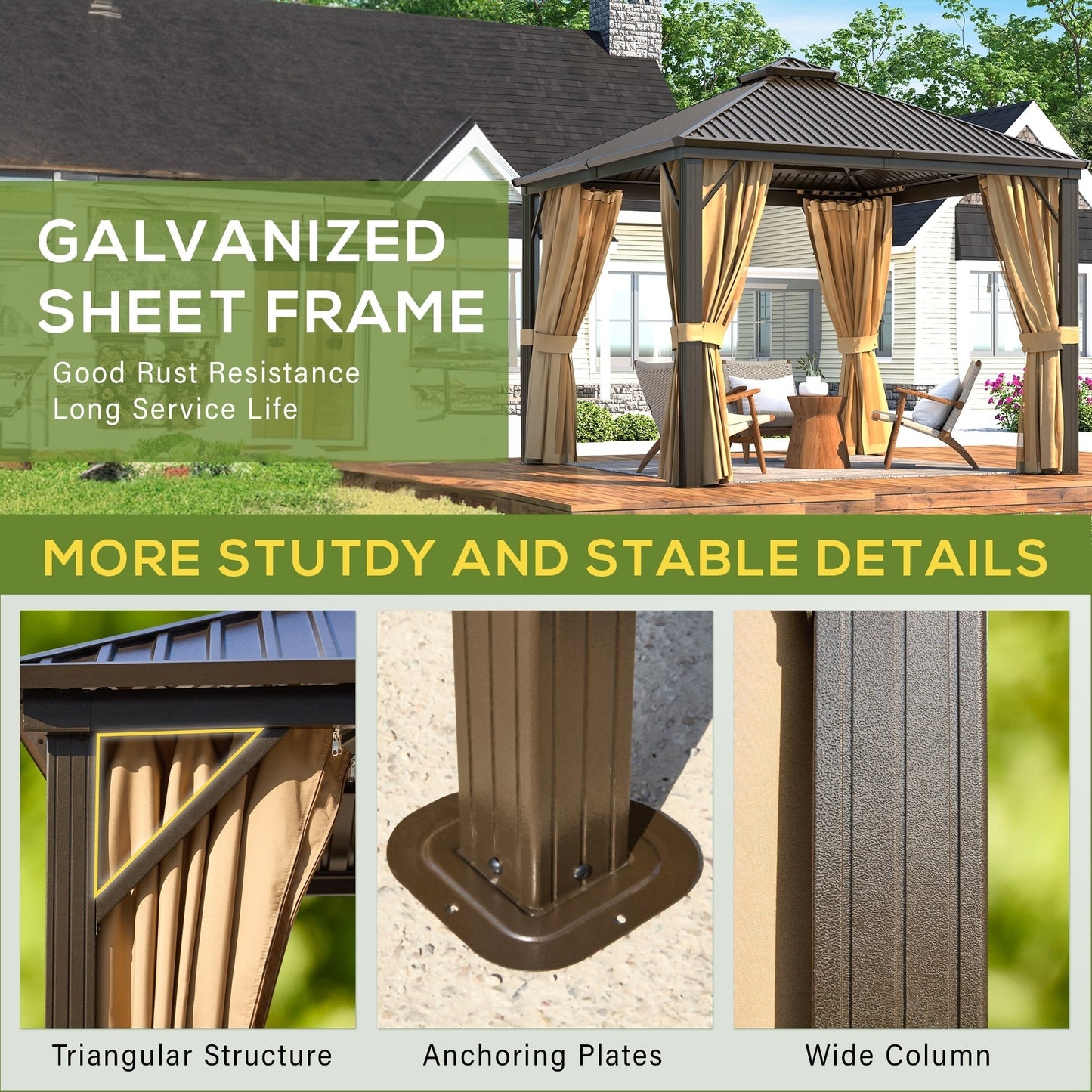 Gazebo extérieur à toit rigide avec double toit en acier galvanisé et cadre en aluminium, pergola extérieure avec rideaux et moustiquaires haut de gamme.