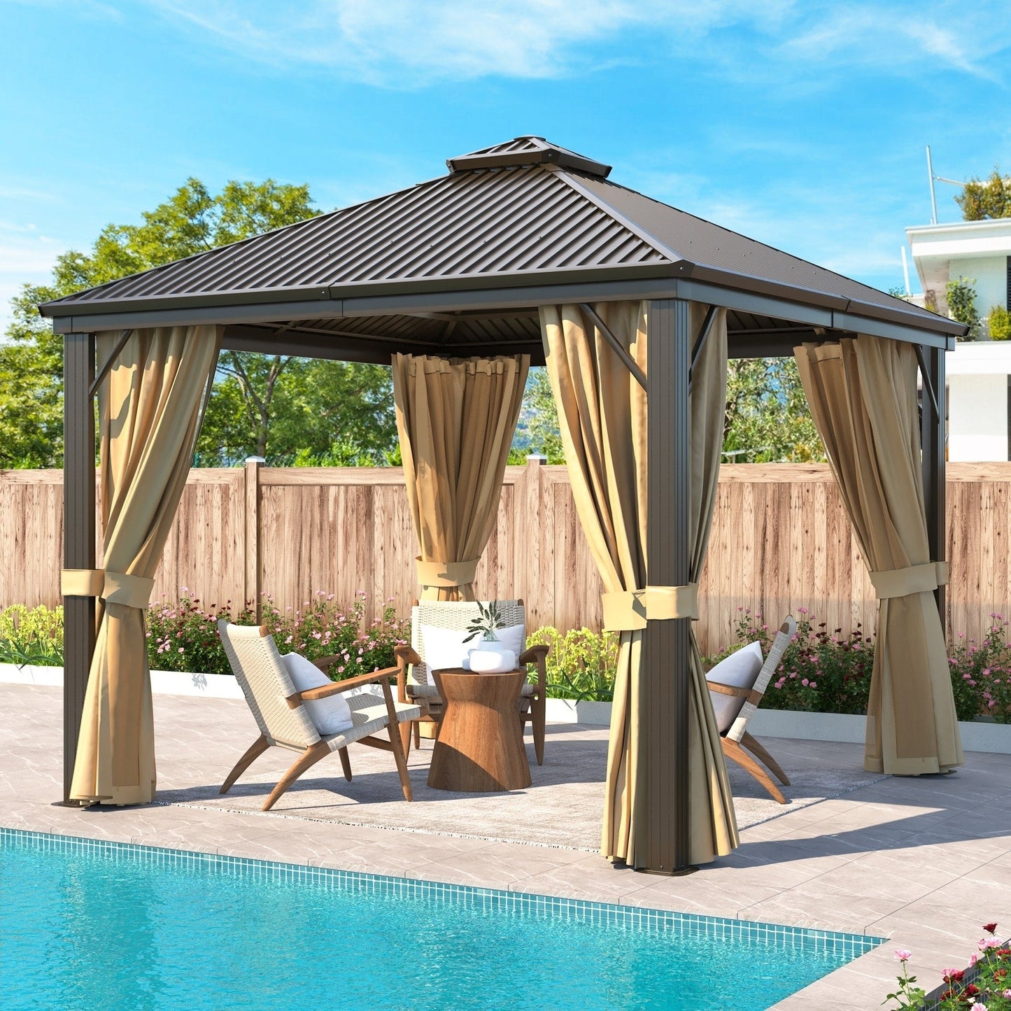 Gazebo extérieur à toit rigide avec double toit en acier galvanisé et cadre en aluminium, pergola extérieure avec rideaux et moustiquaires haut de gamme.