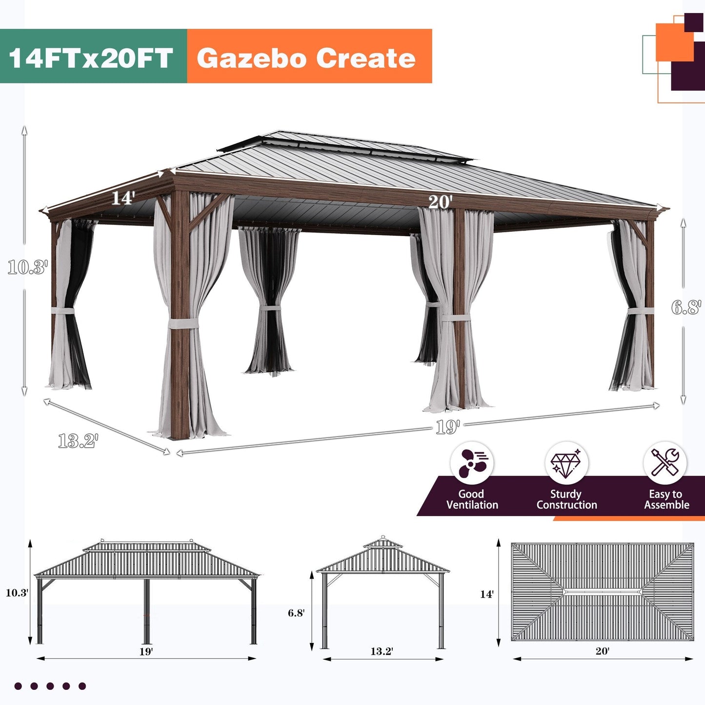 Gazebo extérieur à toit rigide avec double toit en acier galvanisé et cadre en aluminium, pergola extérieure avec rideaux et moustiquaires haut de gamme.