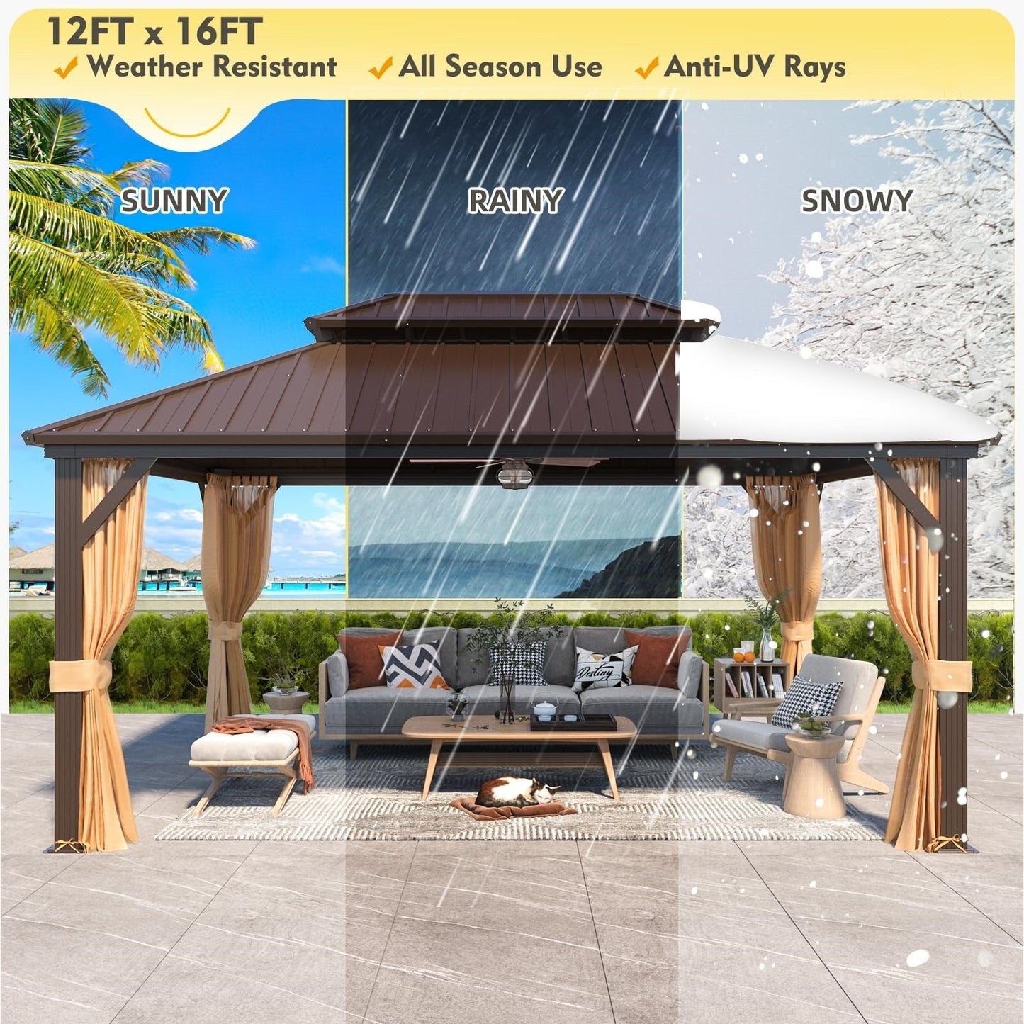 Gazebo extérieur à toit rigide avec double toit en acier galvanisé et cadre en aluminium, pergola extérieure avec rideaux et moustiquaires haut de gamme.