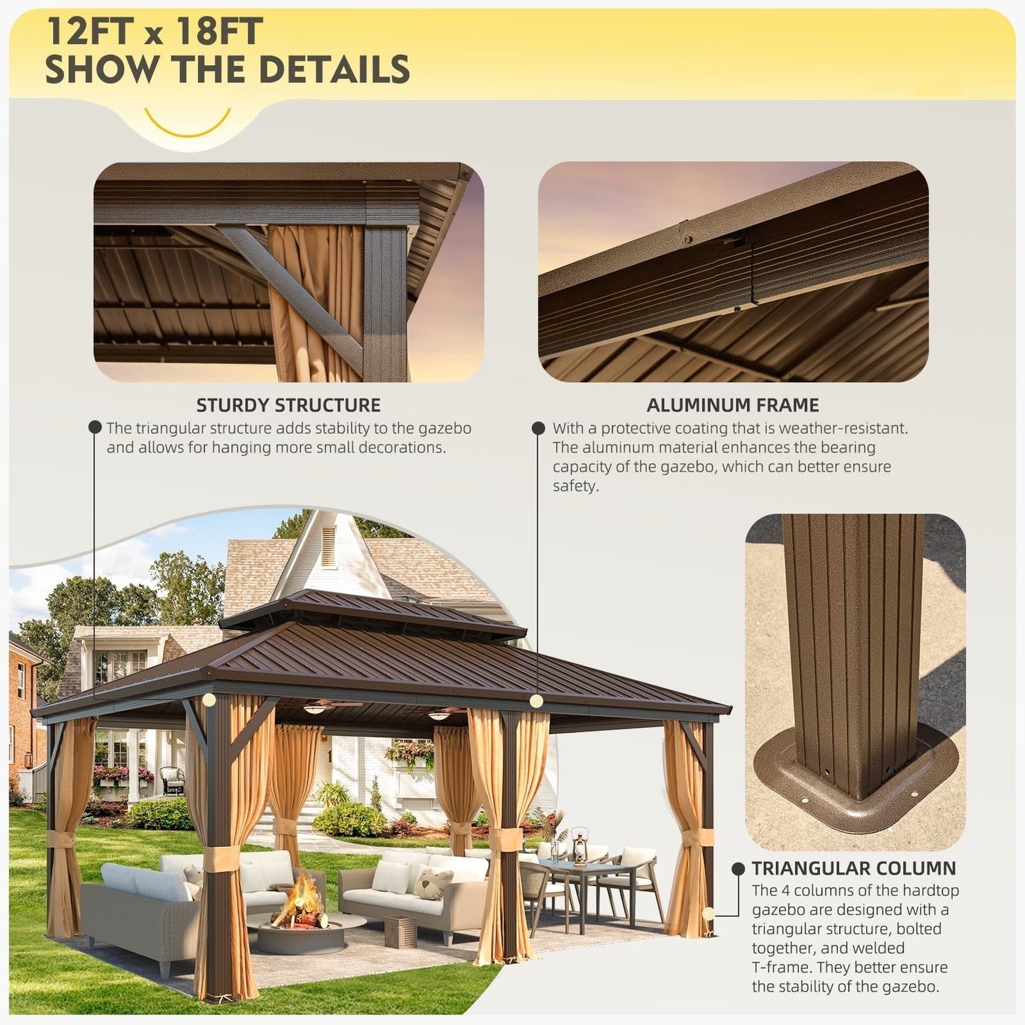 Gazebo extérieur à toit rigide avec double toit en acier galvanisé et cadre en aluminium, pergola extérieure avec rideaux et moustiquaires haut de gamme.