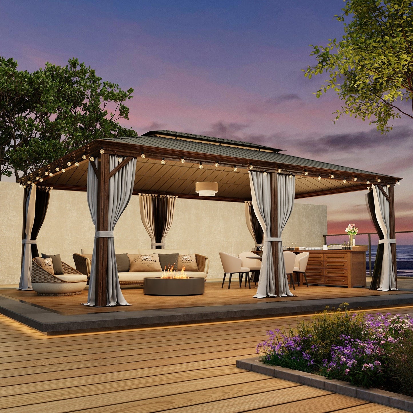 Gazebo extérieur à toit rigide avec double toit en acier galvanisé et cadre en aluminium, pergola extérieure avec rideaux et moustiquaires haut de gamme.
