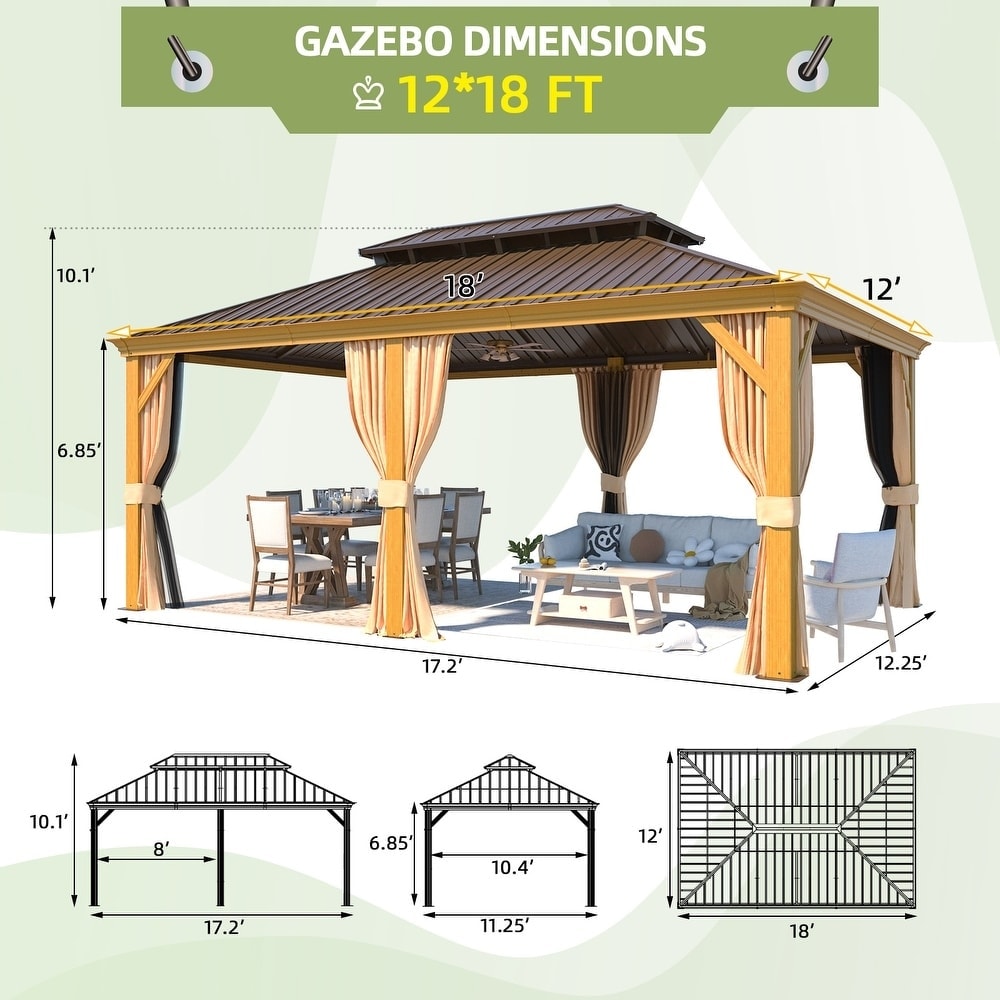 Gazebo extérieur à toit rigide avec double toit en acier galvanisé et cadre en aluminium, pergola extérieure avec rideaux et moustiquaires haut de gamme.