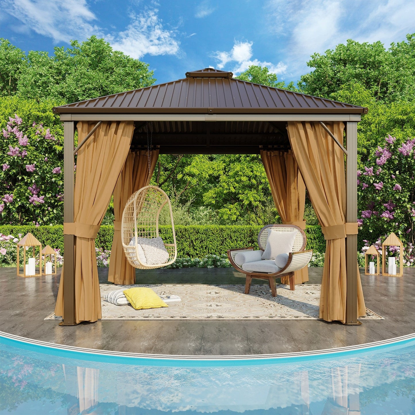 Gazebo extérieur à toit rigide avec double toit en acier galvanisé et cadre en aluminium, pergola extérieure avec rideaux et moustiquaires haut de gamme.