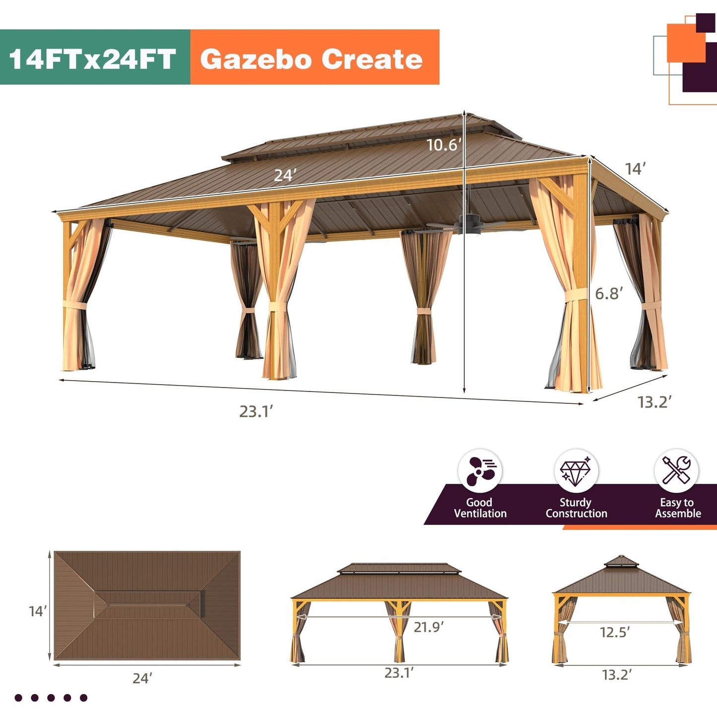 Gazebo extérieur à toit rigide avec double toit en acier galvanisé et cadre en aluminium, pergola extérieure avec rideaux et moustiquaires haut de gamme.