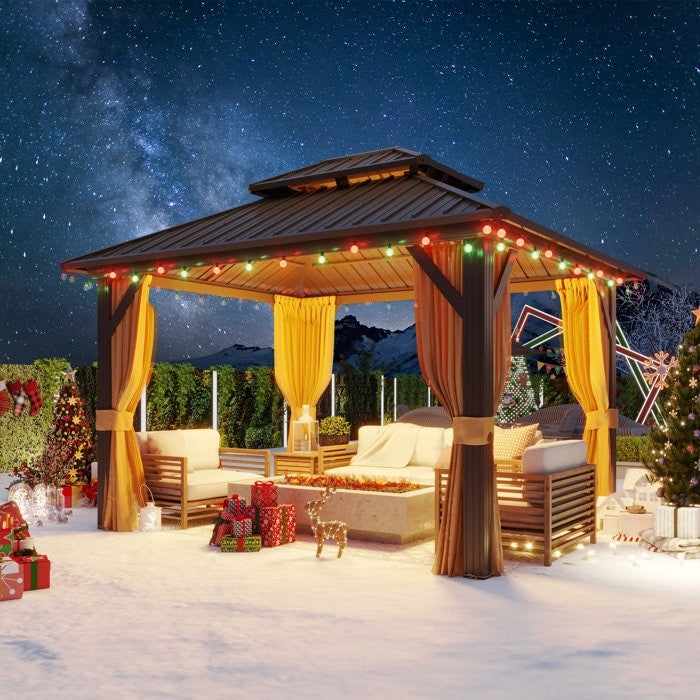 Gazebo extérieur à toit rigide avec double toit en acier galvanisé et cadre en aluminium, pergola extérieure avec rideaux et moustiquaires haut de gamme.
