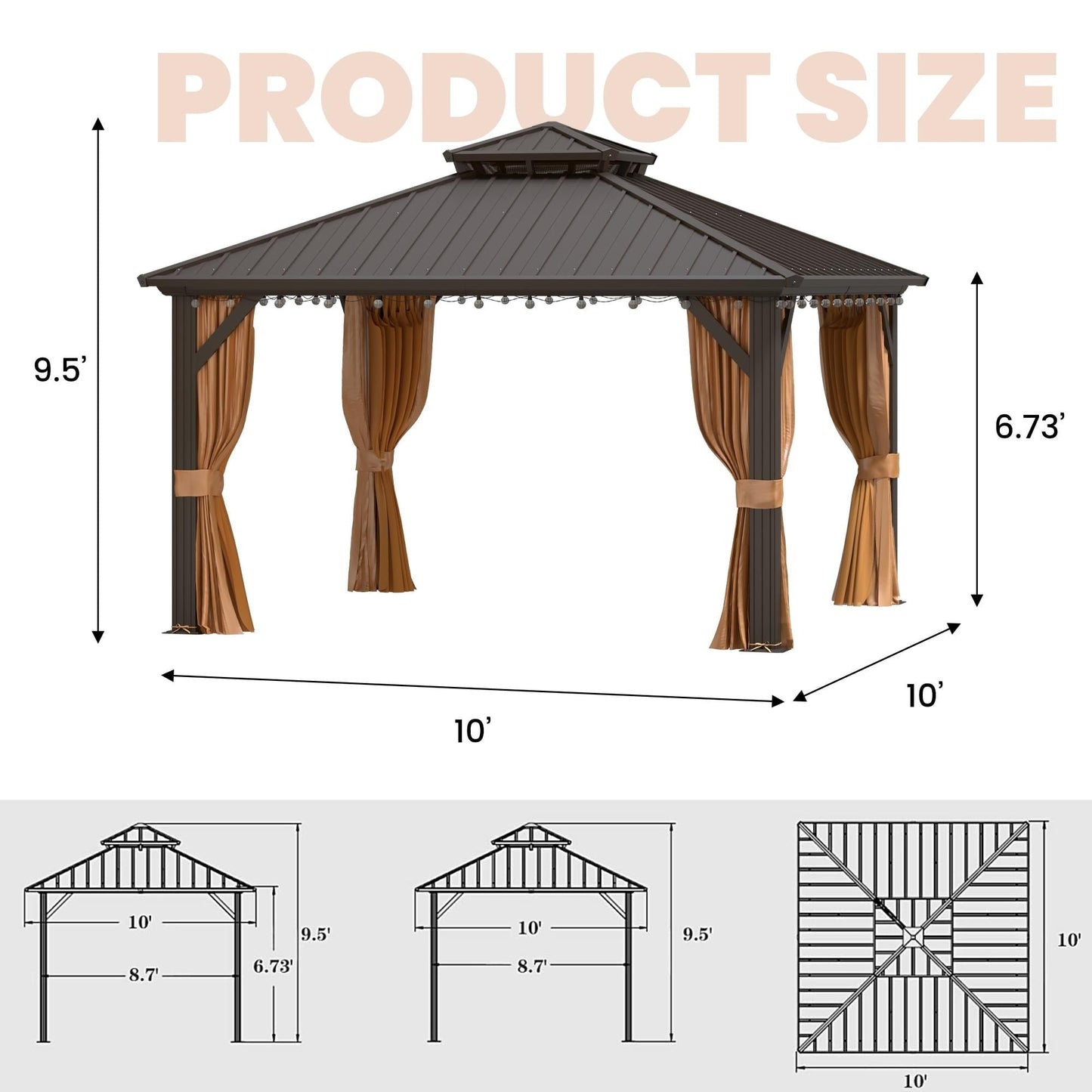 Gazebo extérieur à toit rigide avec double toit en acier galvanisé et cadre en aluminium, pergola extérieure avec rideaux et moustiquaires haut de gamme.