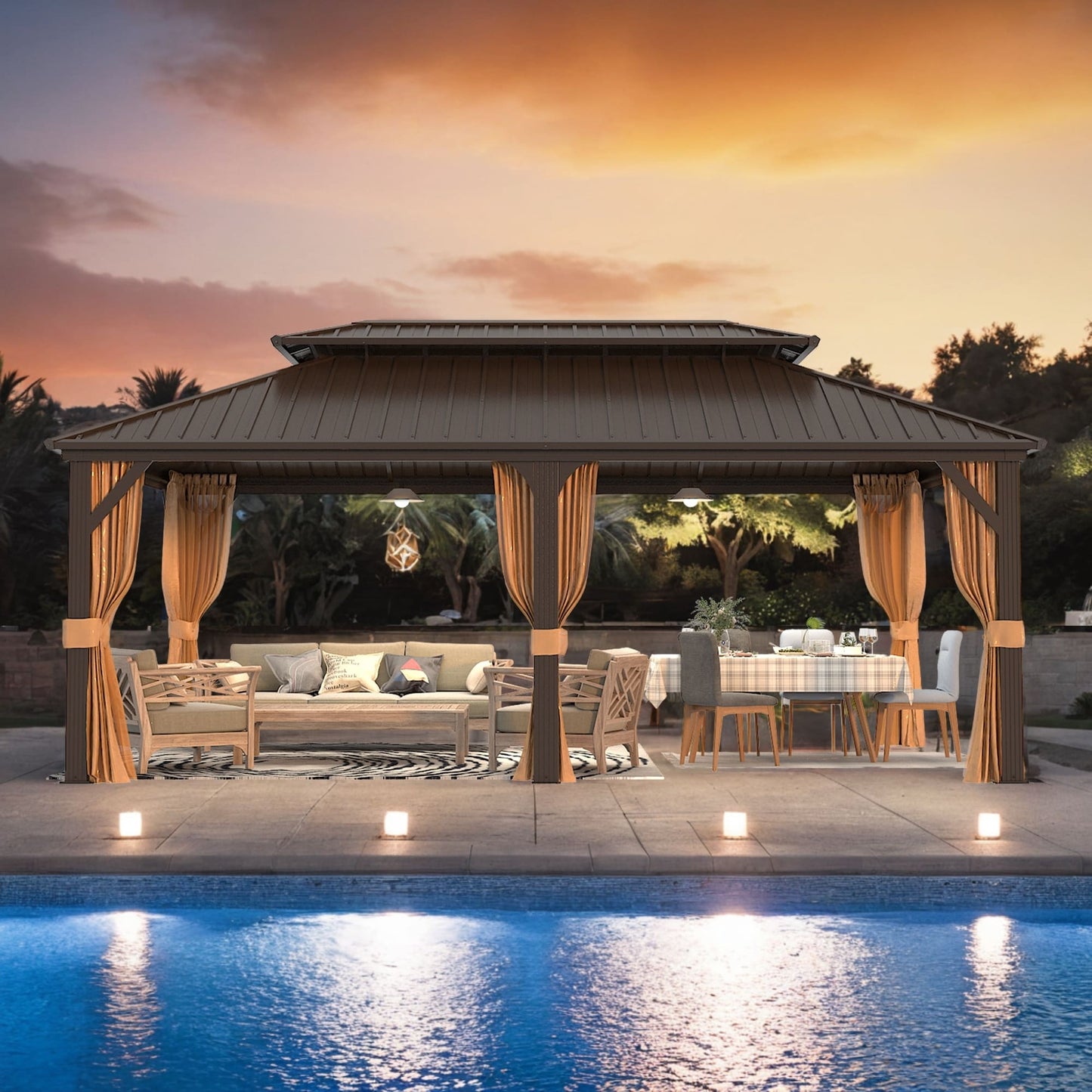 Gazebo extérieur à toit rigide avec double toit en acier galvanisé et cadre en aluminium, pergola extérieure avec rideaux et moustiquaires haut de gamme.