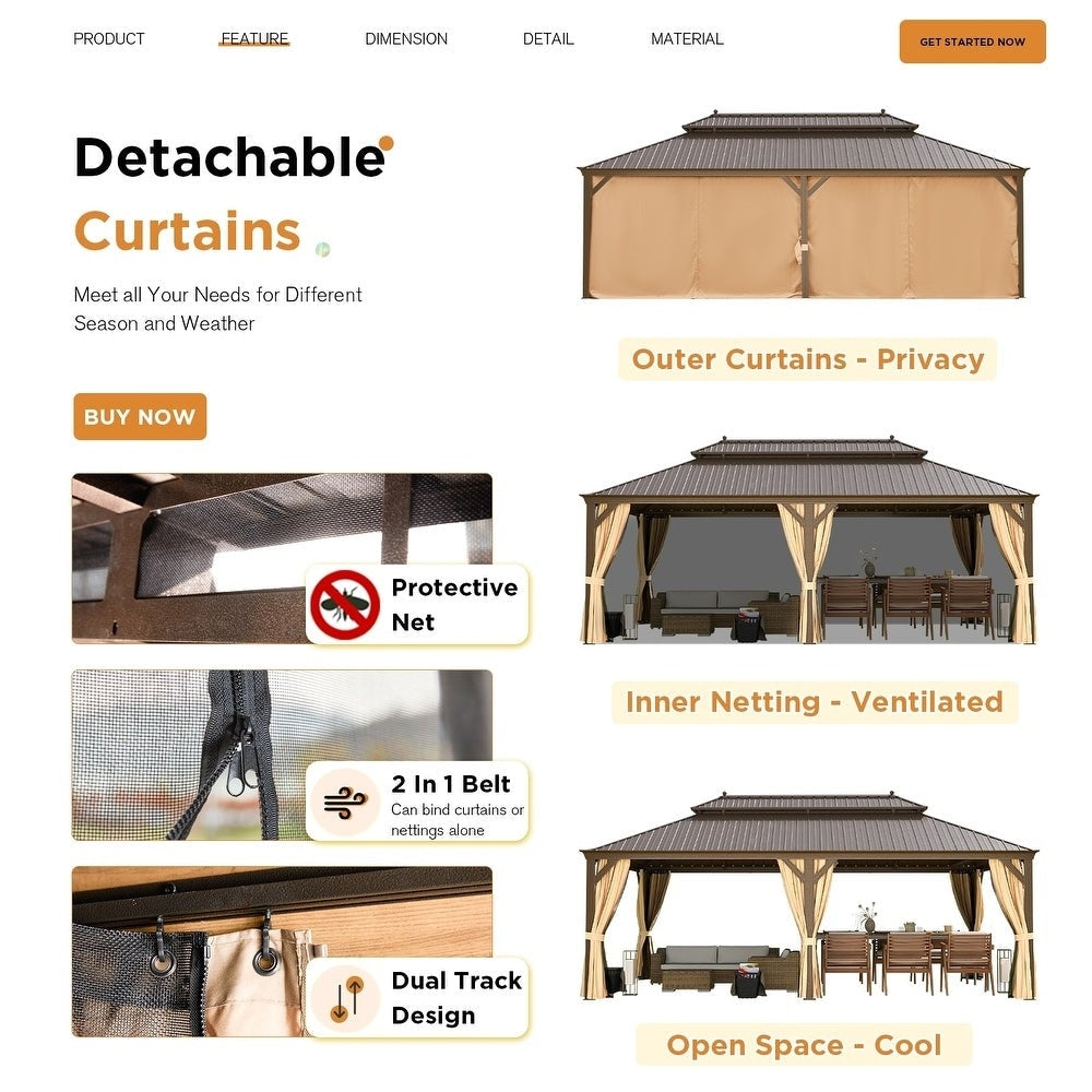 Gazebo extérieur à toit rigide avec double toit en acier galvanisé et cadre en aluminium, pergola extérieure avec rideaux et moustiquaires haut de gamme.