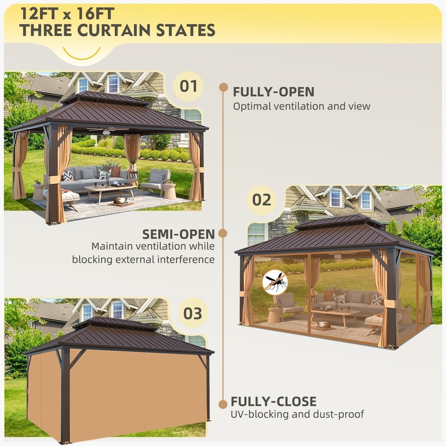 Gazebo extérieur à toit rigide avec double toit en acier galvanisé et cadre en aluminium, pergola extérieure avec rideaux et moustiquaires haut de gamme.