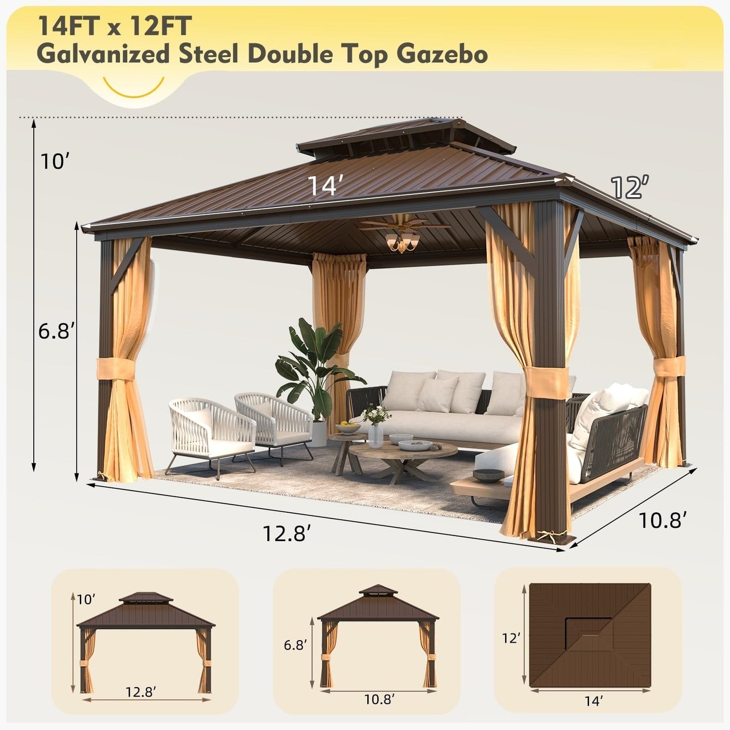 Gazebo extérieur à toit rigide avec double toit en acier galvanisé et cadre en aluminium, pergola extérieure avec rideaux et moustiquaires haut de gamme.