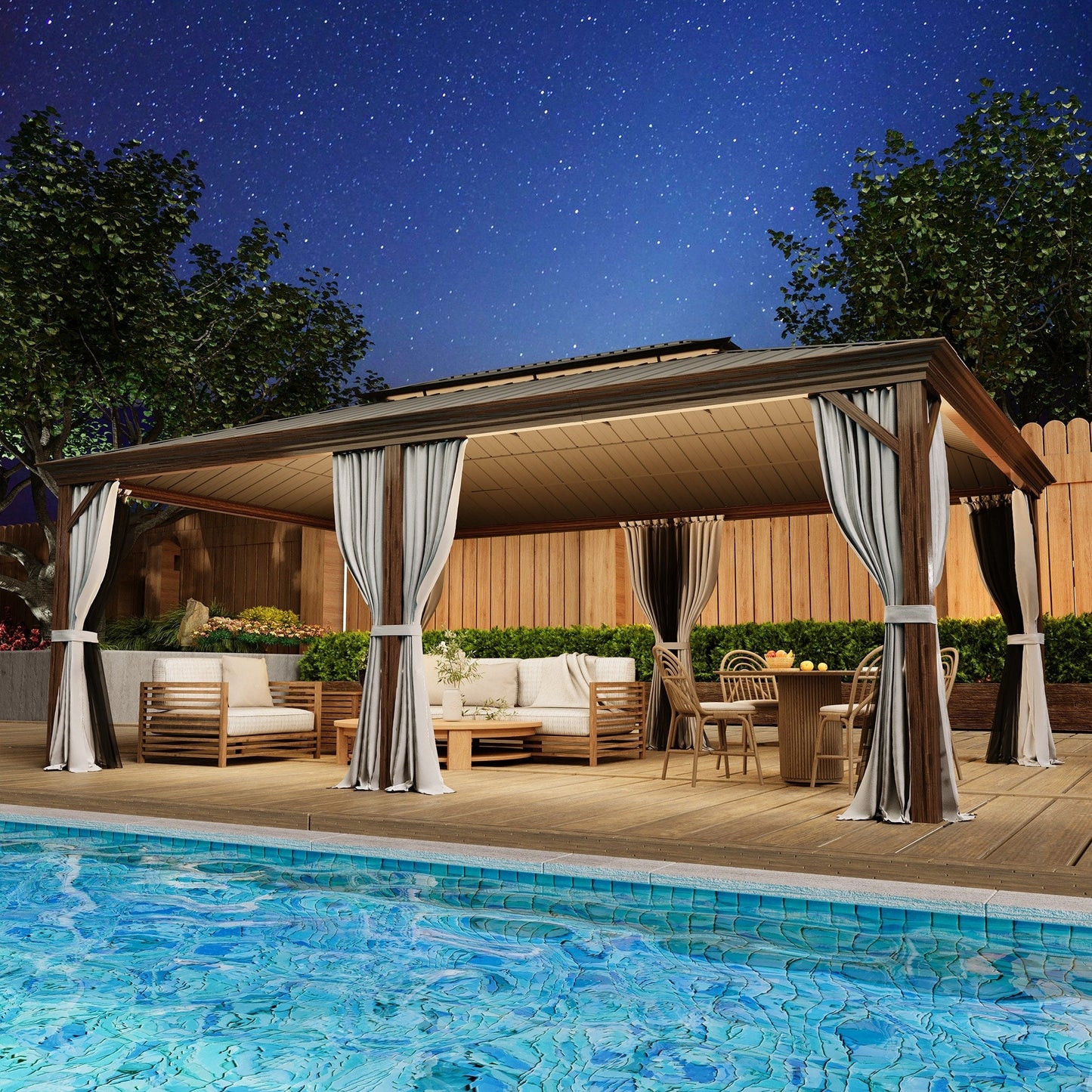 Gazebo extérieur à toit rigide avec double toit en acier galvanisé et cadre en aluminium, pergola extérieure avec rideaux et moustiquaires haut de gamme.