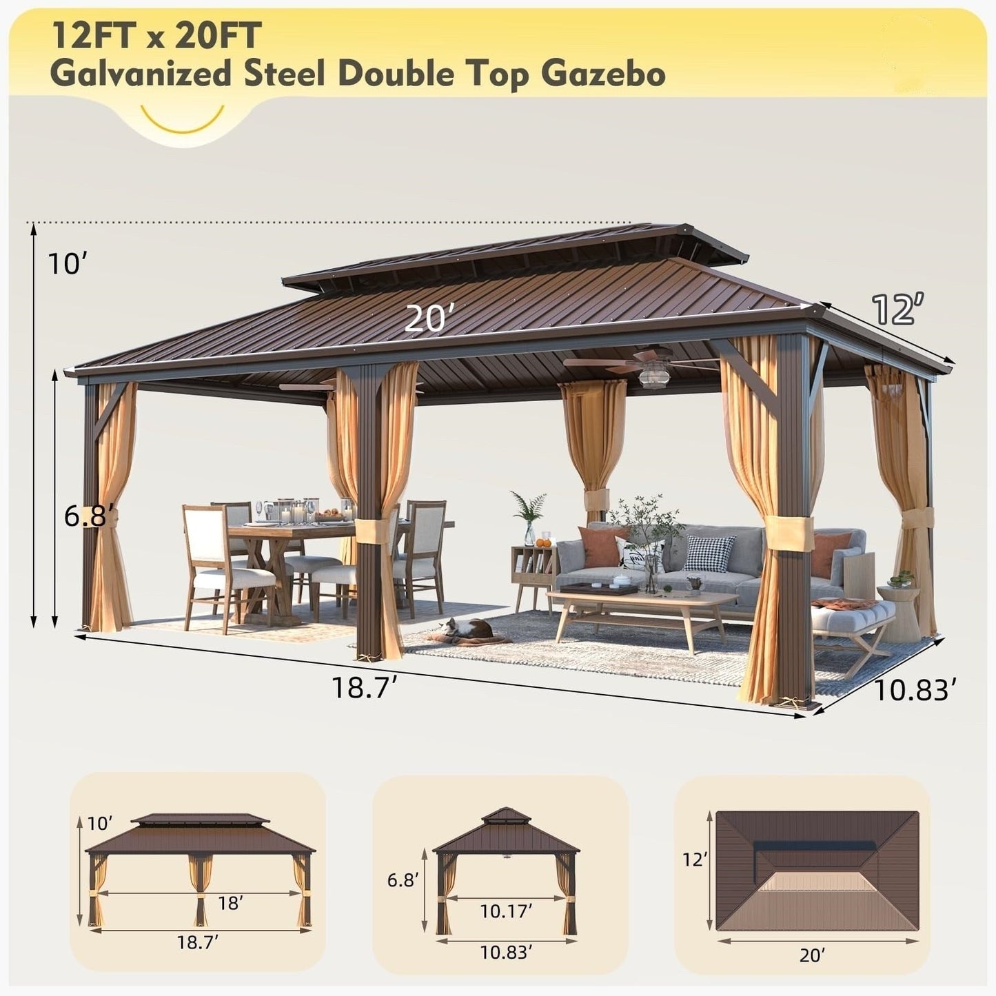 Gazebo extérieur à toit rigide avec double toit en acier galvanisé et cadre en aluminium, pergola extérieure avec rideaux et moustiquaires haut de gamme.