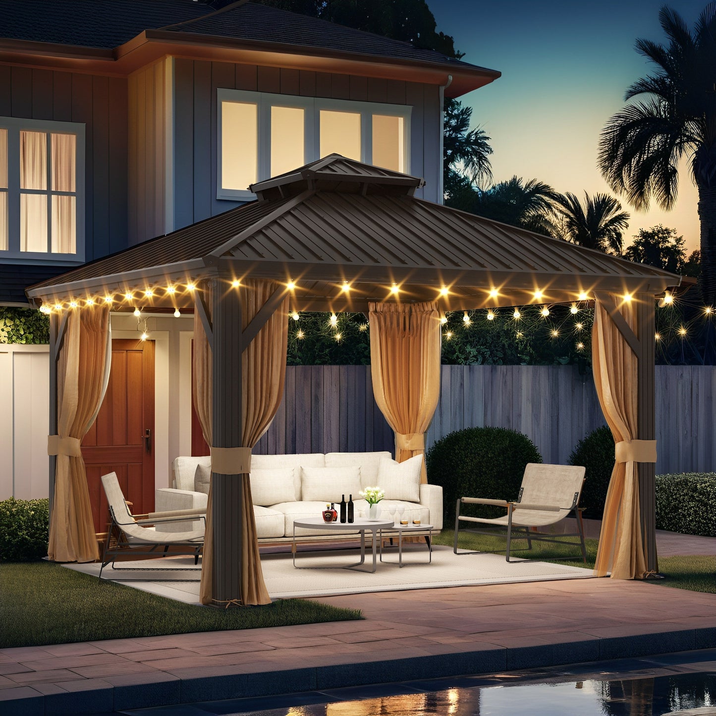 Gazebo extérieur à toit rigide avec double toit en acier galvanisé et cadre en aluminium, pergola extérieure avec rideaux et moustiquaires haut de gamme.