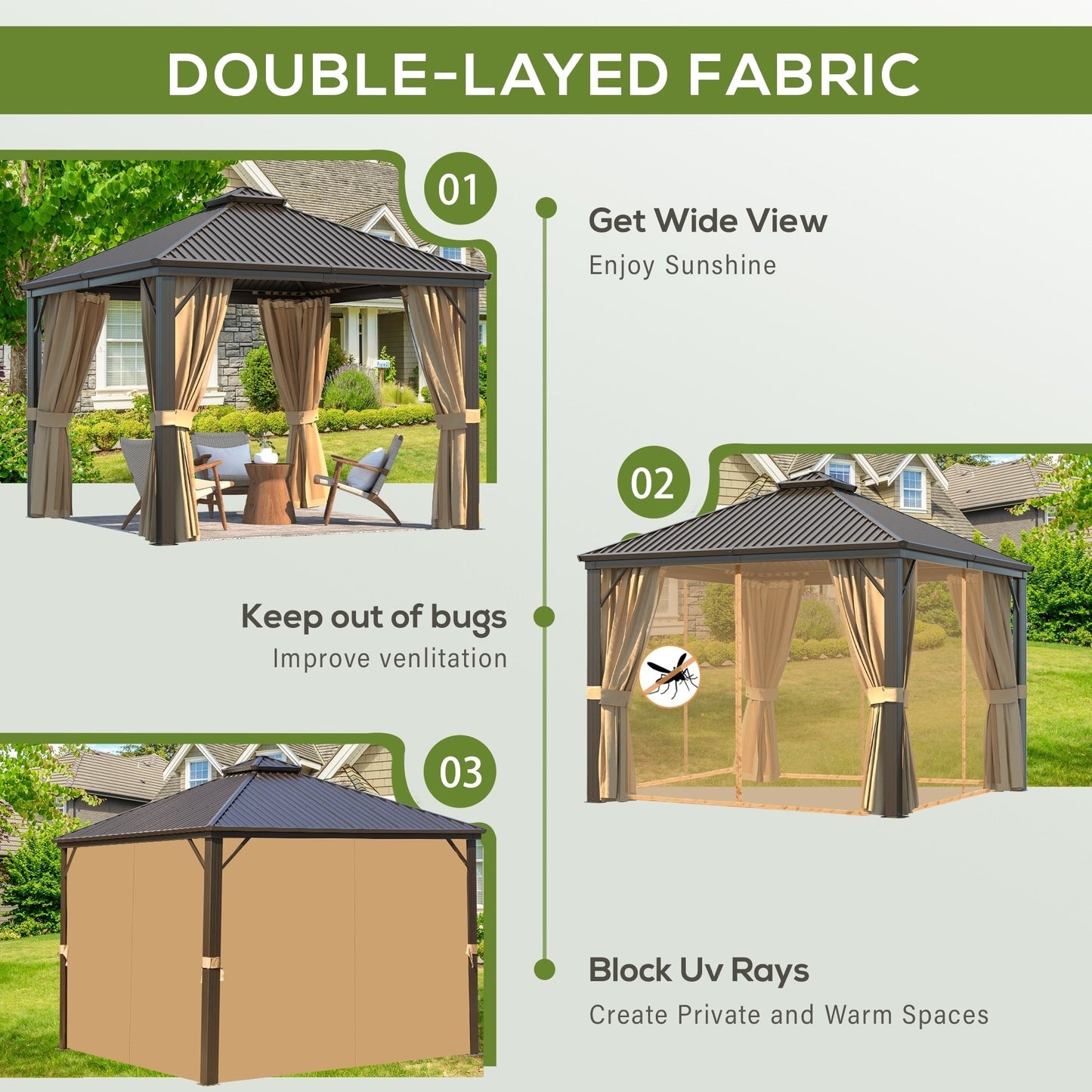 Gazebo extérieur à toit rigide avec double toit en acier galvanisé et cadre en aluminium, pergola extérieure avec rideaux et moustiquaires haut de gamme.