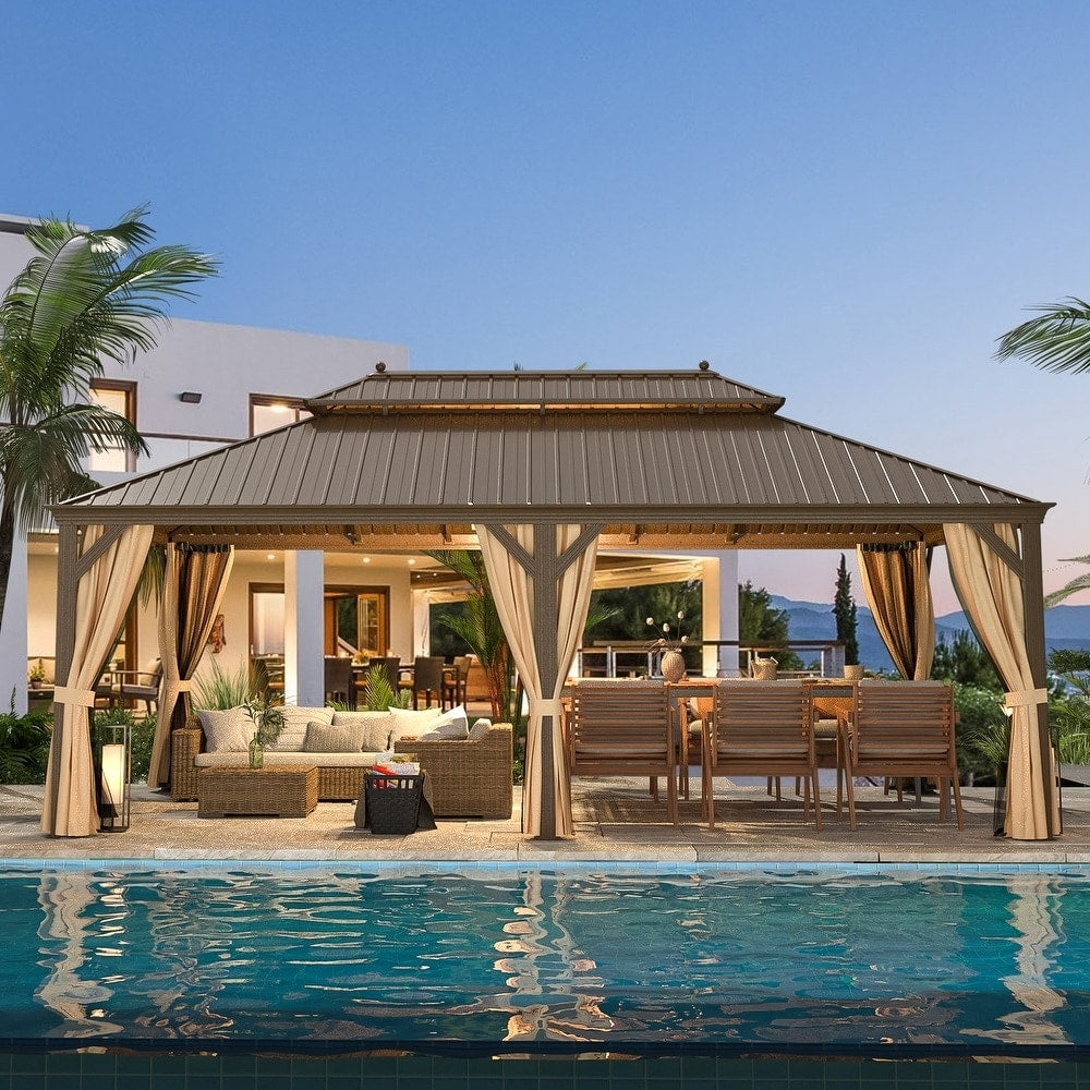 Gazebo extérieur à toit rigide avec double toit en acier galvanisé et cadre en aluminium, pergola extérieure avec rideaux et moustiquaires haut de gamme.