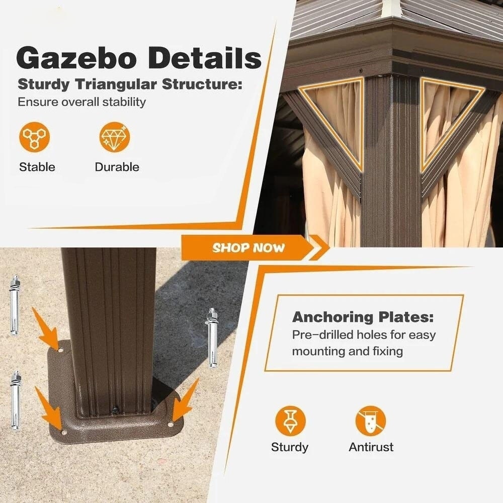 Gazebo extérieur à toit rigide avec double toit en acier galvanisé et cadre en aluminium, pergola extérieure avec rideaux et moustiquaires haut de gamme.