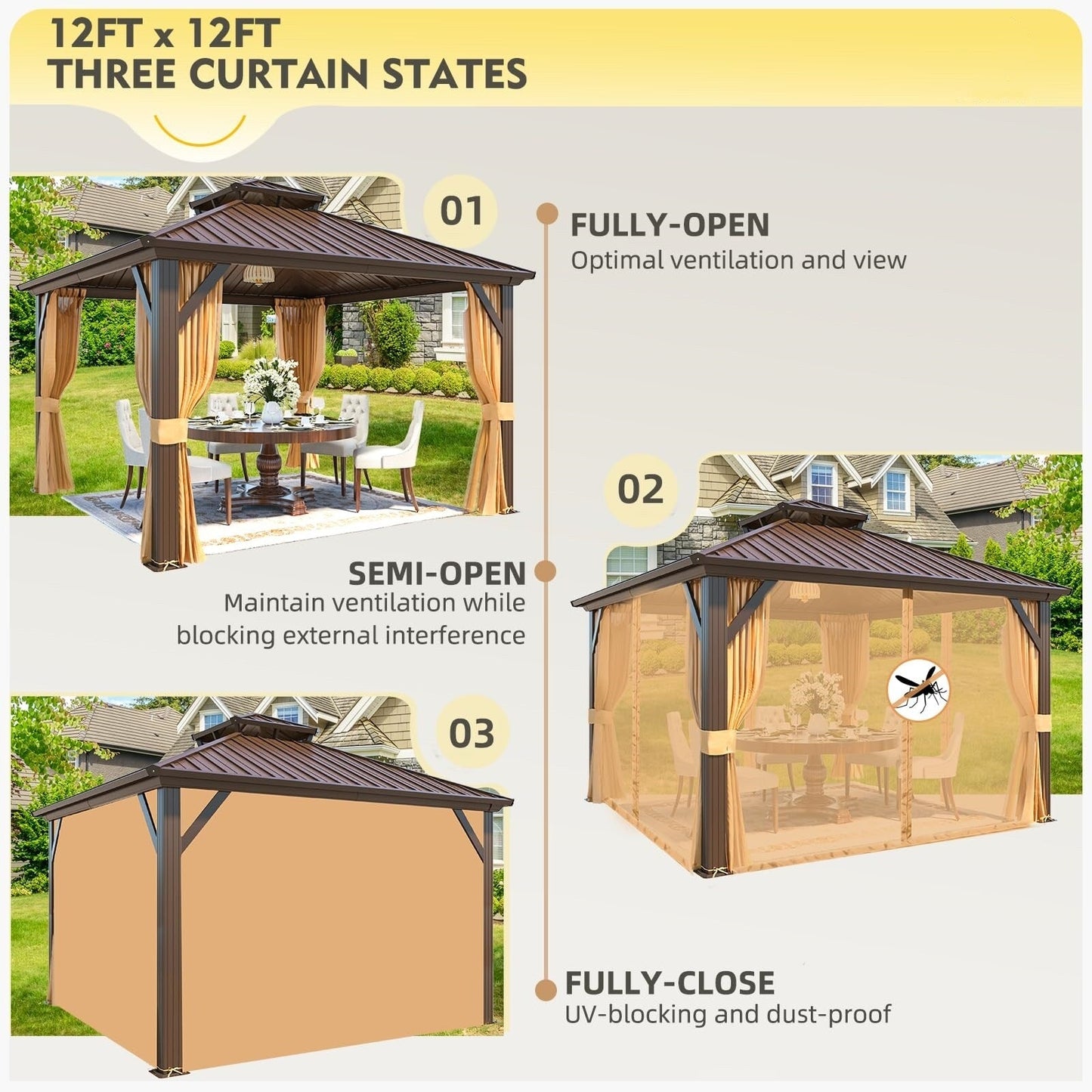 Gazebo extérieur à toit rigide avec double toit en acier galvanisé et cadre en aluminium, pergola extérieure avec rideaux et moustiquaires haut de gamme.