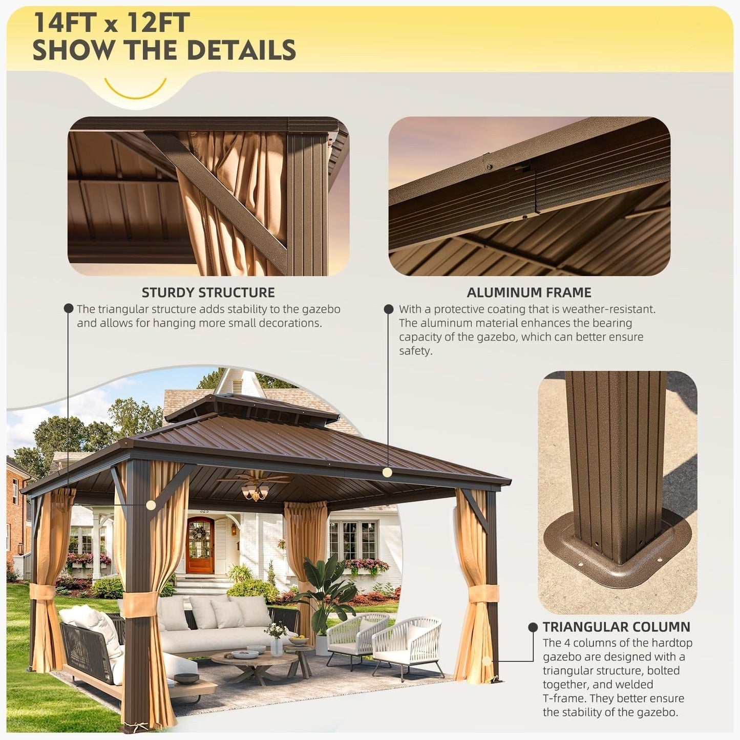 Gazebo extérieur à toit rigide avec double toit en acier galvanisé et cadre en aluminium, pergola extérieure avec rideaux et moustiquaires haut de gamme.