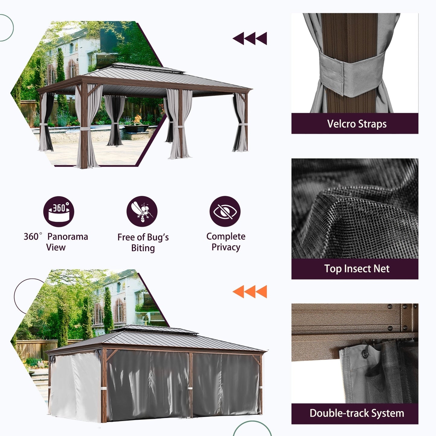 Gazebo extérieur à toit rigide avec double toit en acier galvanisé et cadre en aluminium, pergola extérieure avec rideaux et moustiquaires haut de gamme.