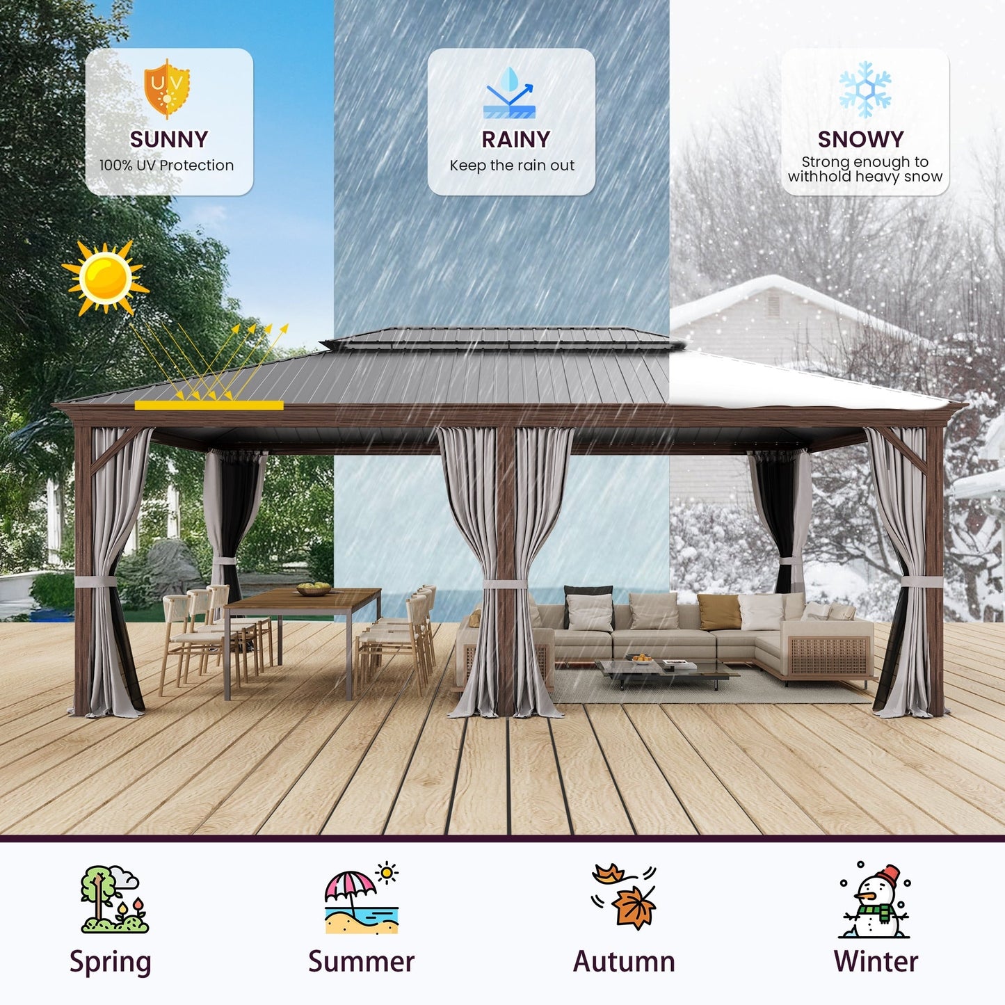 Gazebo extérieur à toit rigide avec double toit en acier galvanisé et cadre en aluminium, pergola extérieure avec rideaux et moustiquaires haut de gamme.