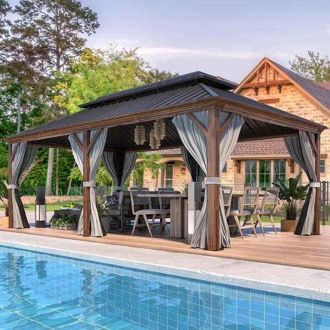 Gazebo extérieur à toit rigide avec double toit en acier galvanisé et cadre en aluminium, pergola extérieure avec rideaux et moustiquaires haut de gamme.