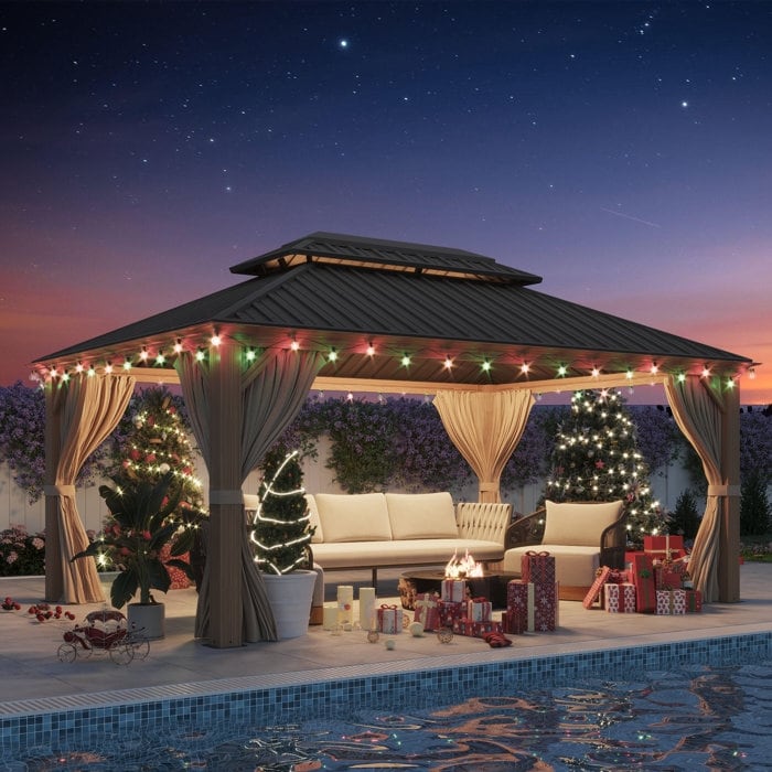 Gazebo extérieur à toit rigide avec double toit en acier galvanisé et cadre en aluminium, pergola extérieure avec rideaux et moustiquaires haut de gamme.