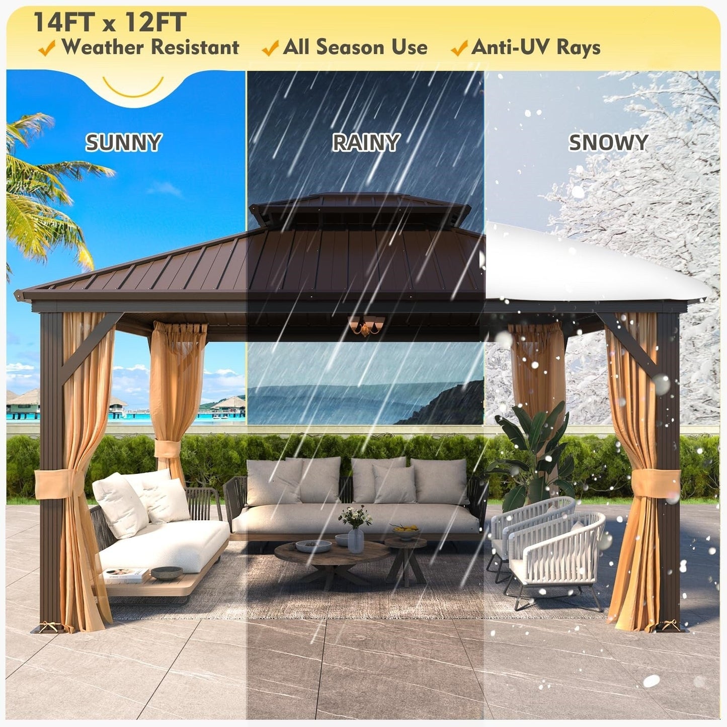 Gazebo extérieur à toit rigide avec double toit en acier galvanisé et cadre en aluminium, pergola extérieure avec rideaux et moustiquaires haut de gamme.
