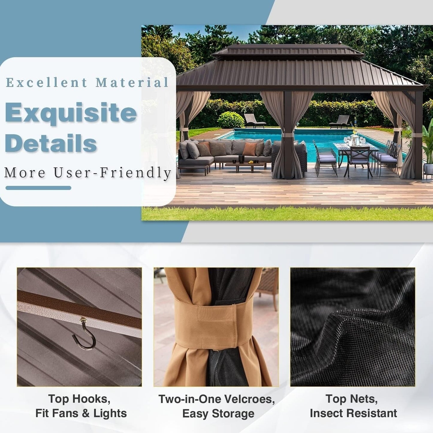 Gazebo extérieur à toit rigide avec double toit en acier galvanisé et cadre en aluminium, pergola extérieure avec rideaux et moustiquaires haut de gamme.
