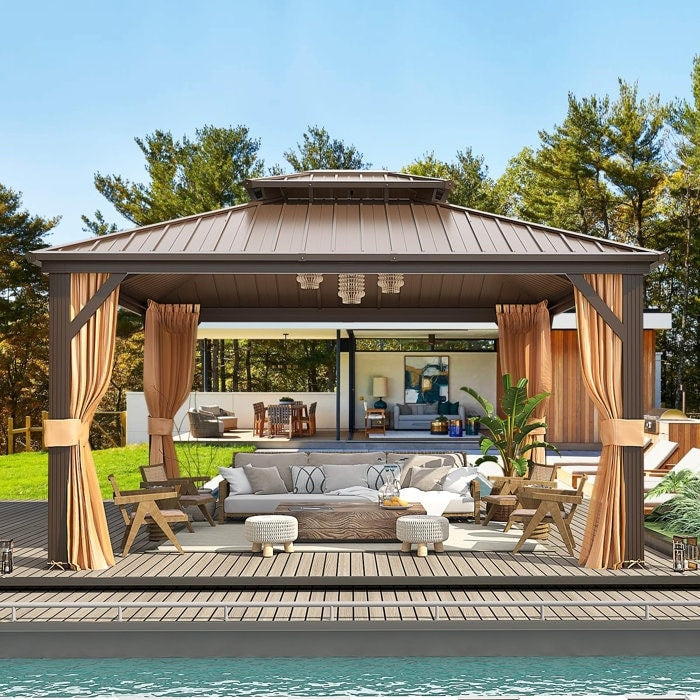 Gazebo extérieur à toit rigide avec double toit en acier galvanisé et cadre en aluminium, pergola extérieure avec rideaux et moustiquaires haut de gamme.