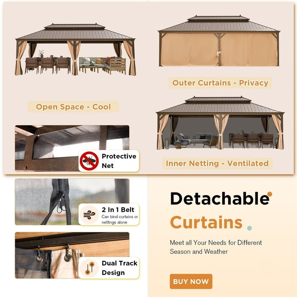 Gazebo extérieur à toit rigide avec double toit en acier galvanisé et cadre en aluminium, pergola extérieure avec rideaux et moustiquaires haut de gamme.