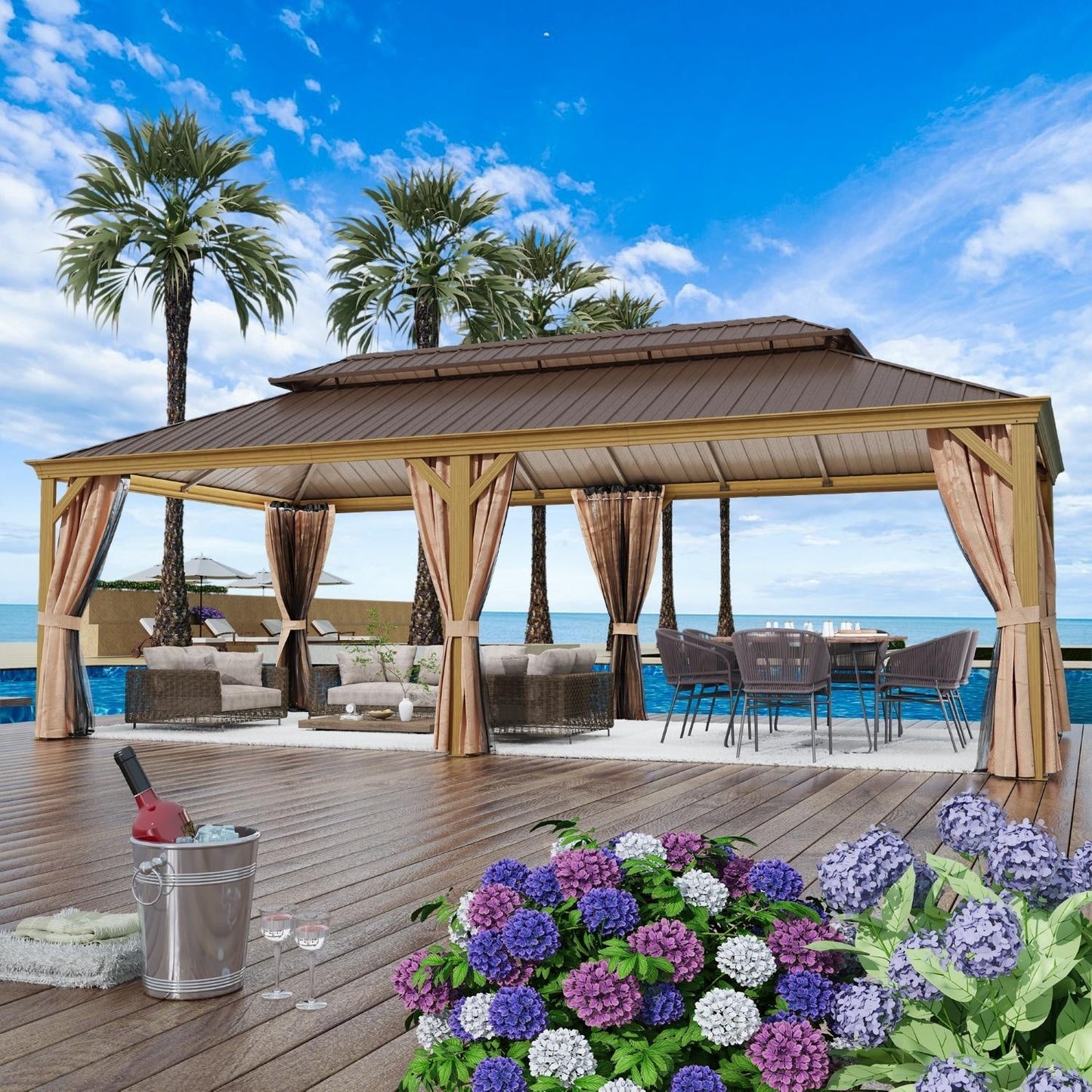 Gazebo extérieur à toit rigide avec double toit en acier galvanisé et cadre en aluminium, pergola extérieure avec rideaux et moustiquaires haut de gamme.
