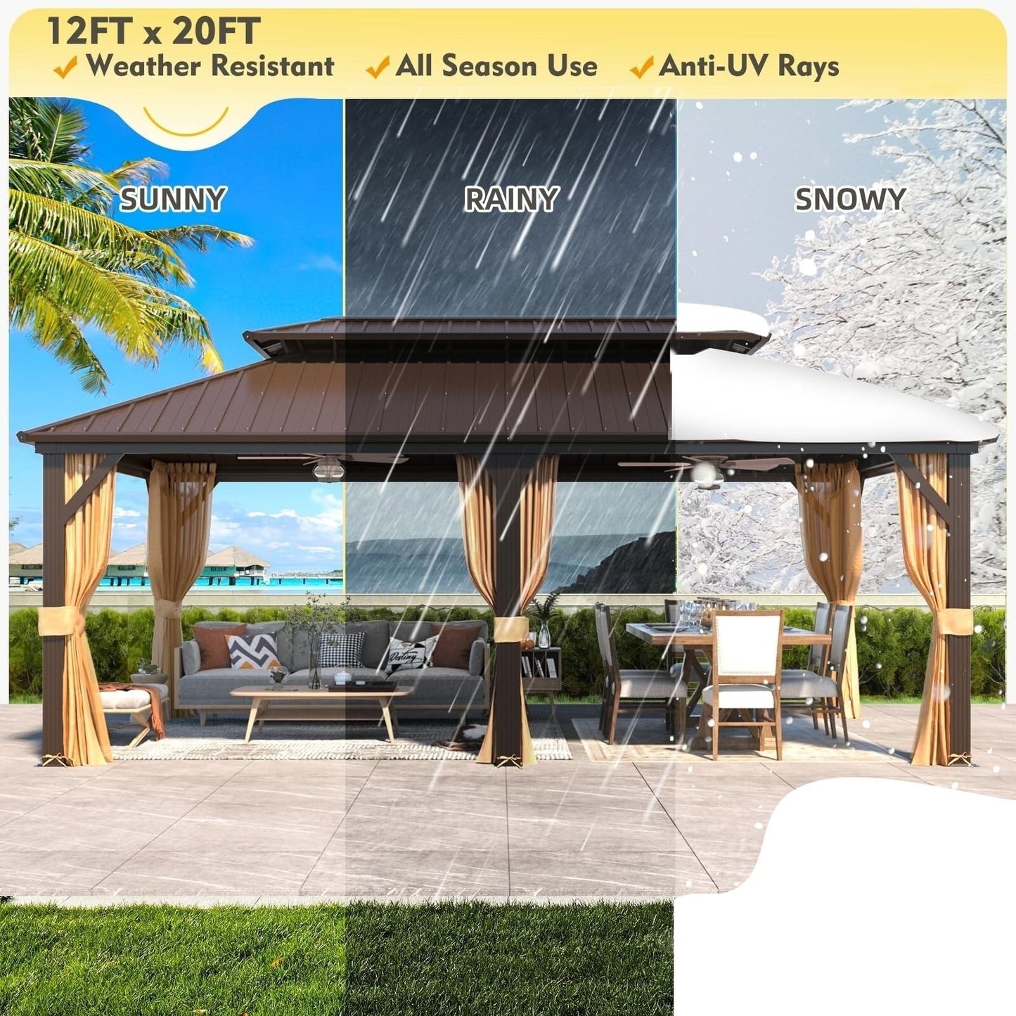 Gazebo extérieur à toit rigide avec double toit en acier galvanisé et cadre en aluminium, pergola extérieure avec rideaux et moustiquaires haut de gamme.