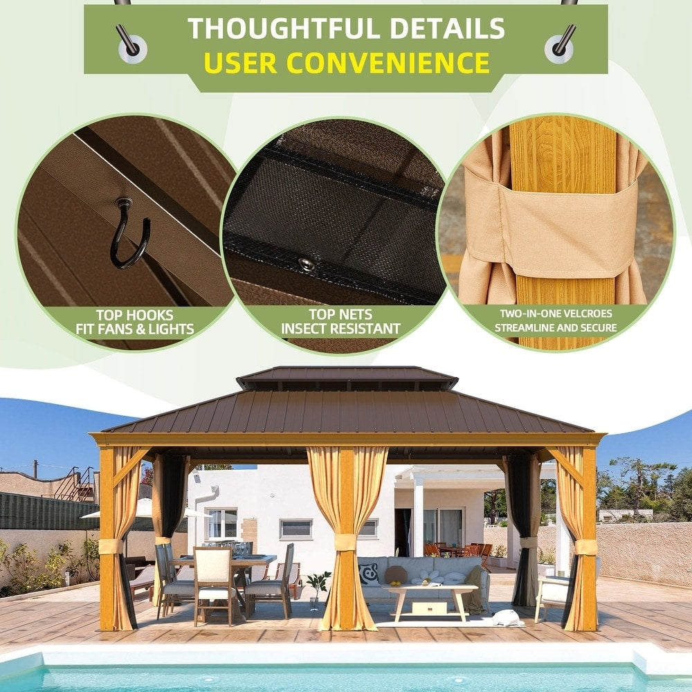 Gazebo extérieur à toit rigide avec double toit en acier galvanisé et cadre en aluminium, pergola extérieure avec rideaux et moustiquaires haut de gamme.