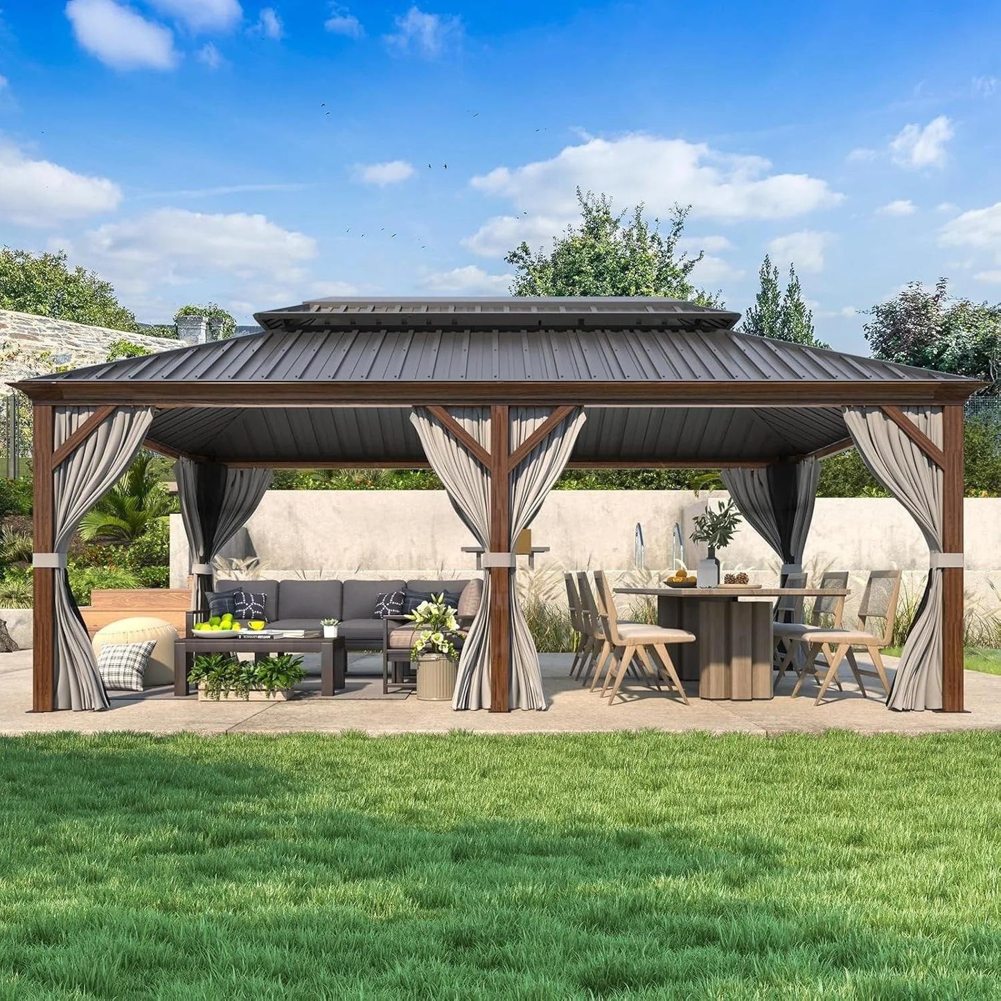 Gazebo extérieur à toit rigide avec double toit en acier galvanisé et cadre en aluminium, pergola extérieure avec rideaux et moustiquaires haut de gamme.