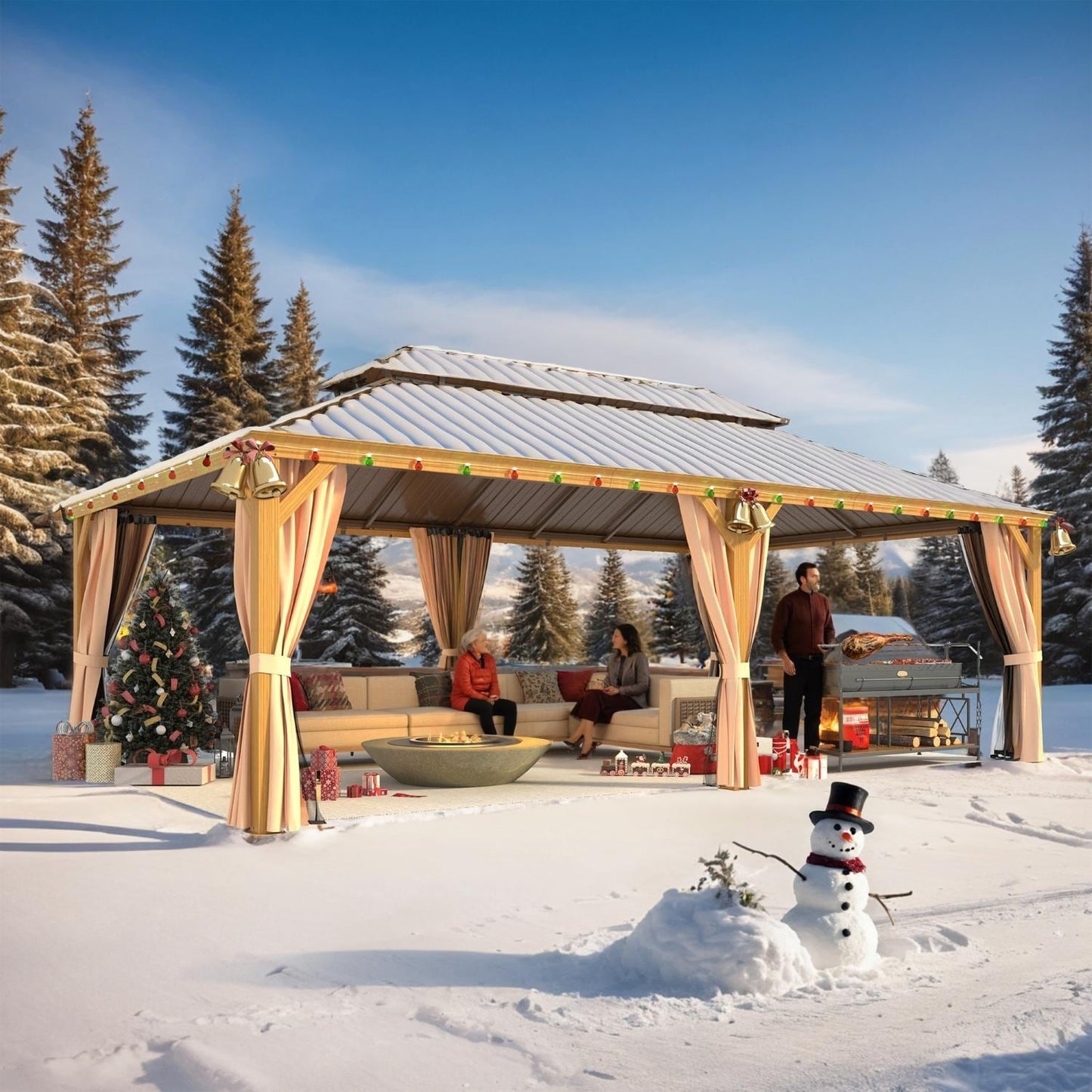 Gazebo extérieur à toit rigide avec double toit en acier galvanisé et cadre en aluminium, pergola extérieure avec rideaux et moustiquaires haut de gamme.