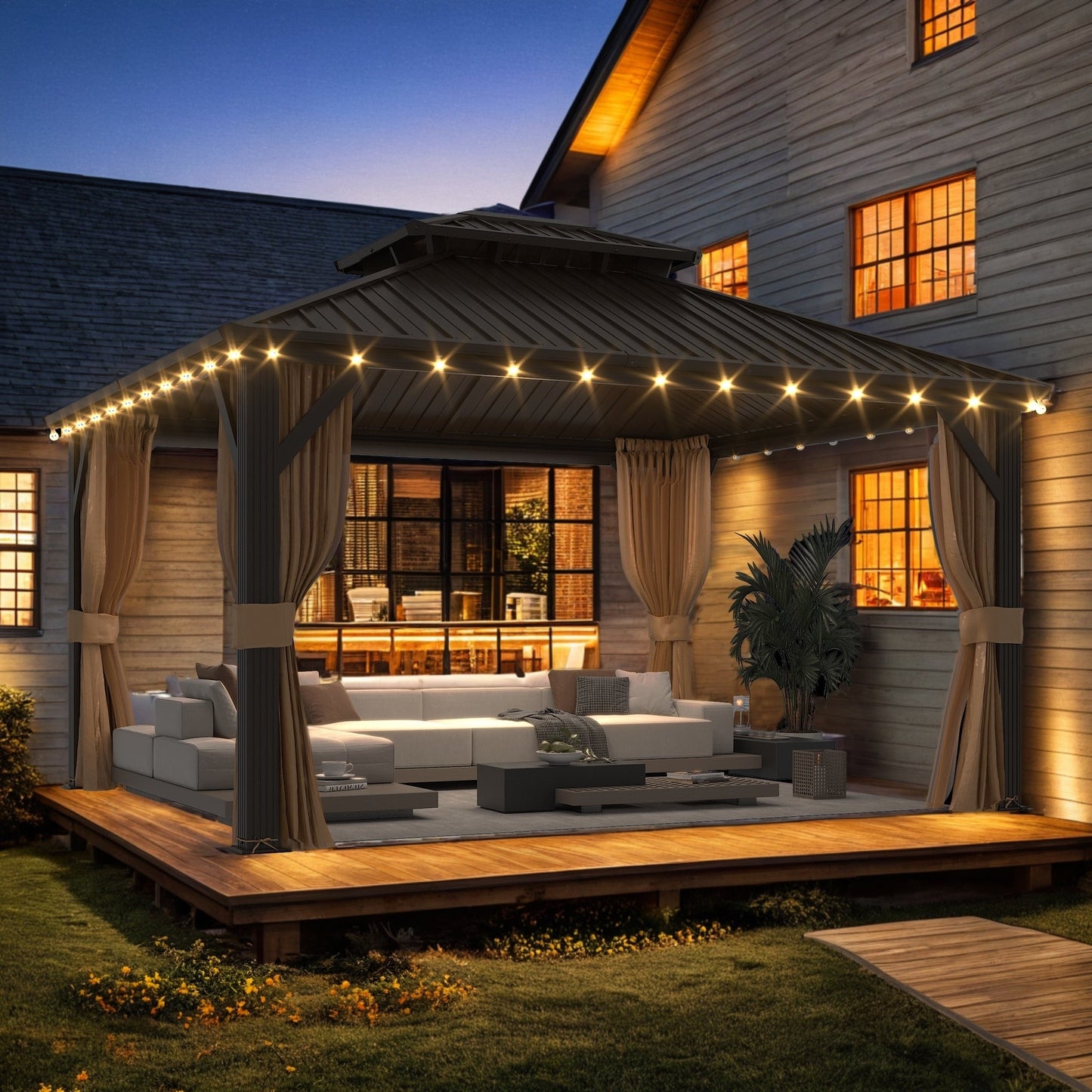 Gazebo extérieur à toit rigide avec double toit en acier galvanisé et cadre en aluminium, pergola extérieure avec rideaux et moustiquaires haut de gamme.