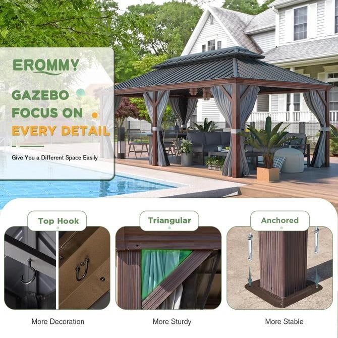 Gazebo extérieur à toit rigide avec double toit en acier galvanisé et cadre en aluminium, pergola extérieure avec rideaux et moustiquaires haut de gamme.