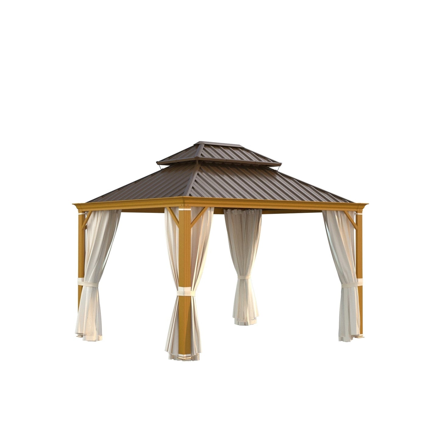 Gazebo extérieur à toit rigide avec double toit en acier galvanisé et cadre en aluminium, pergola extérieure avec rideaux et moustiquaires haut de gamme.