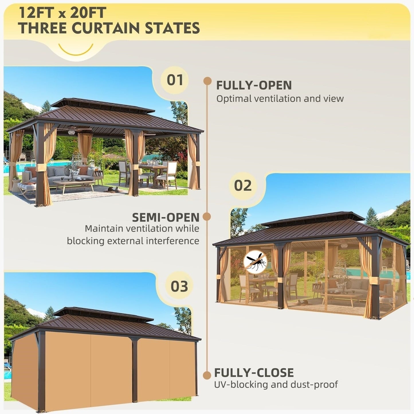 Gazebo extérieur à toit rigide avec double toit en acier galvanisé et cadre en aluminium, pergola extérieure avec rideaux et moustiquaires haut de gamme.